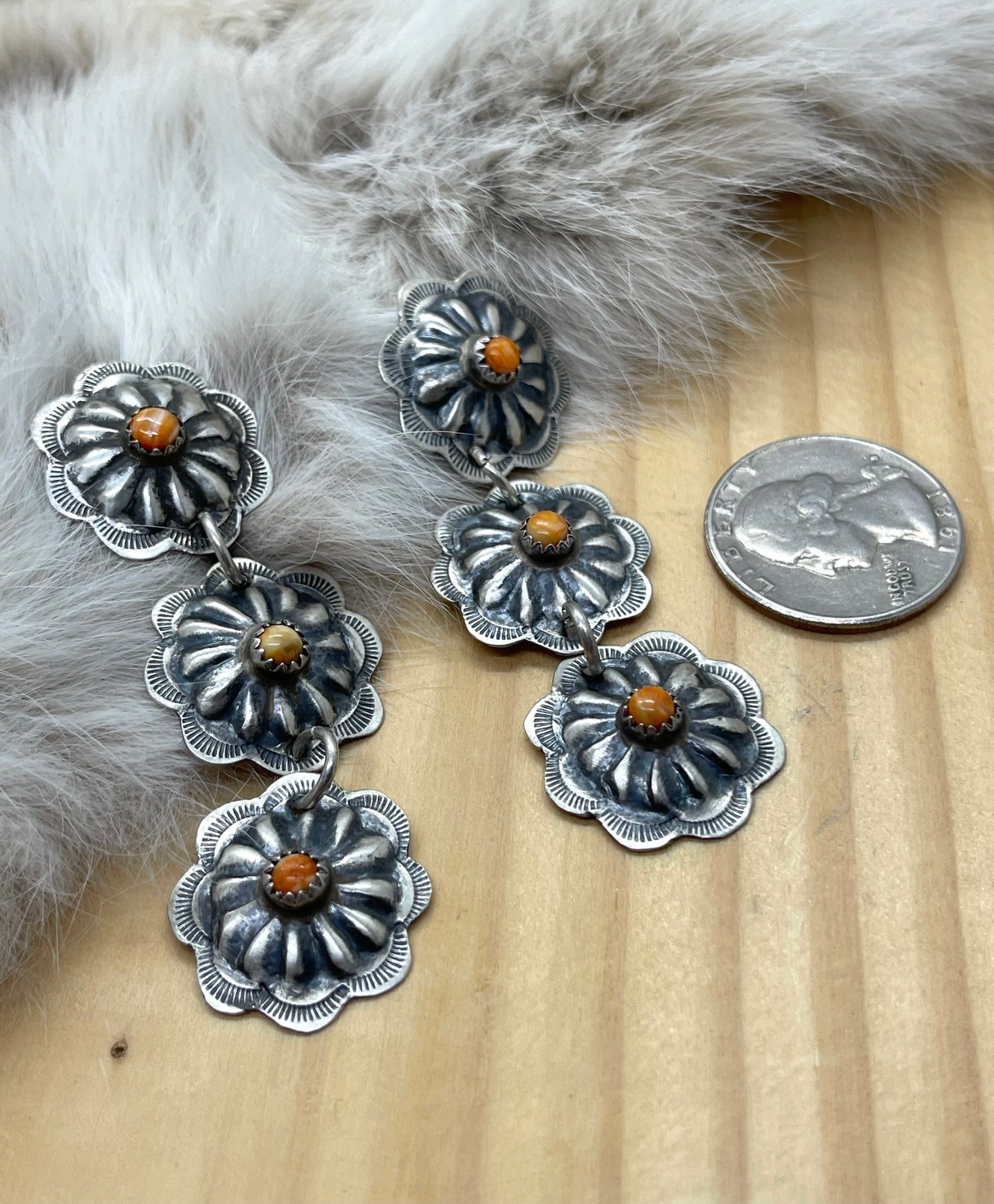 Orange Spiny Oyster Shell 3 Concho Post Dangle Earrings, Navajo