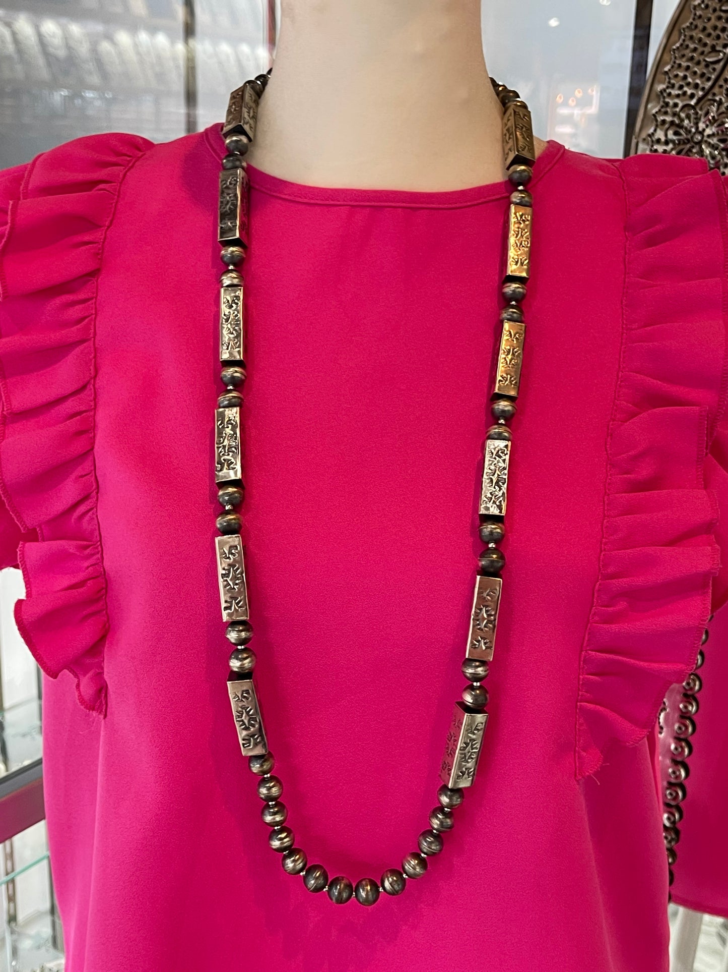 38" 11 MM HANDMADE STAMPED SQUARE BEAD NECKLACE & EARRING SET BY SOPHIA BECENTI, NAVAJO