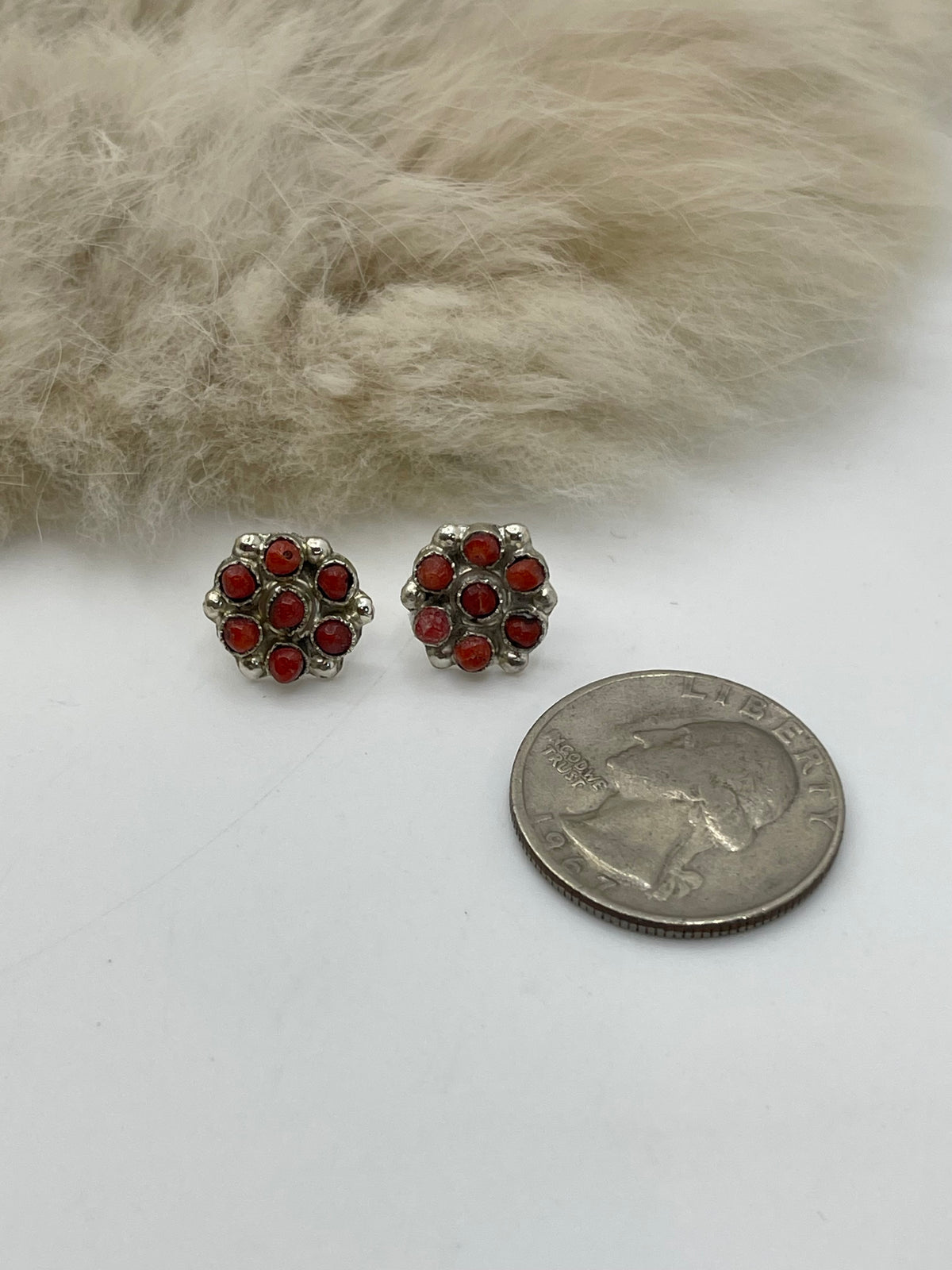 Red Coral Cluster Earrings by Gilbert Weebothee, Zuni