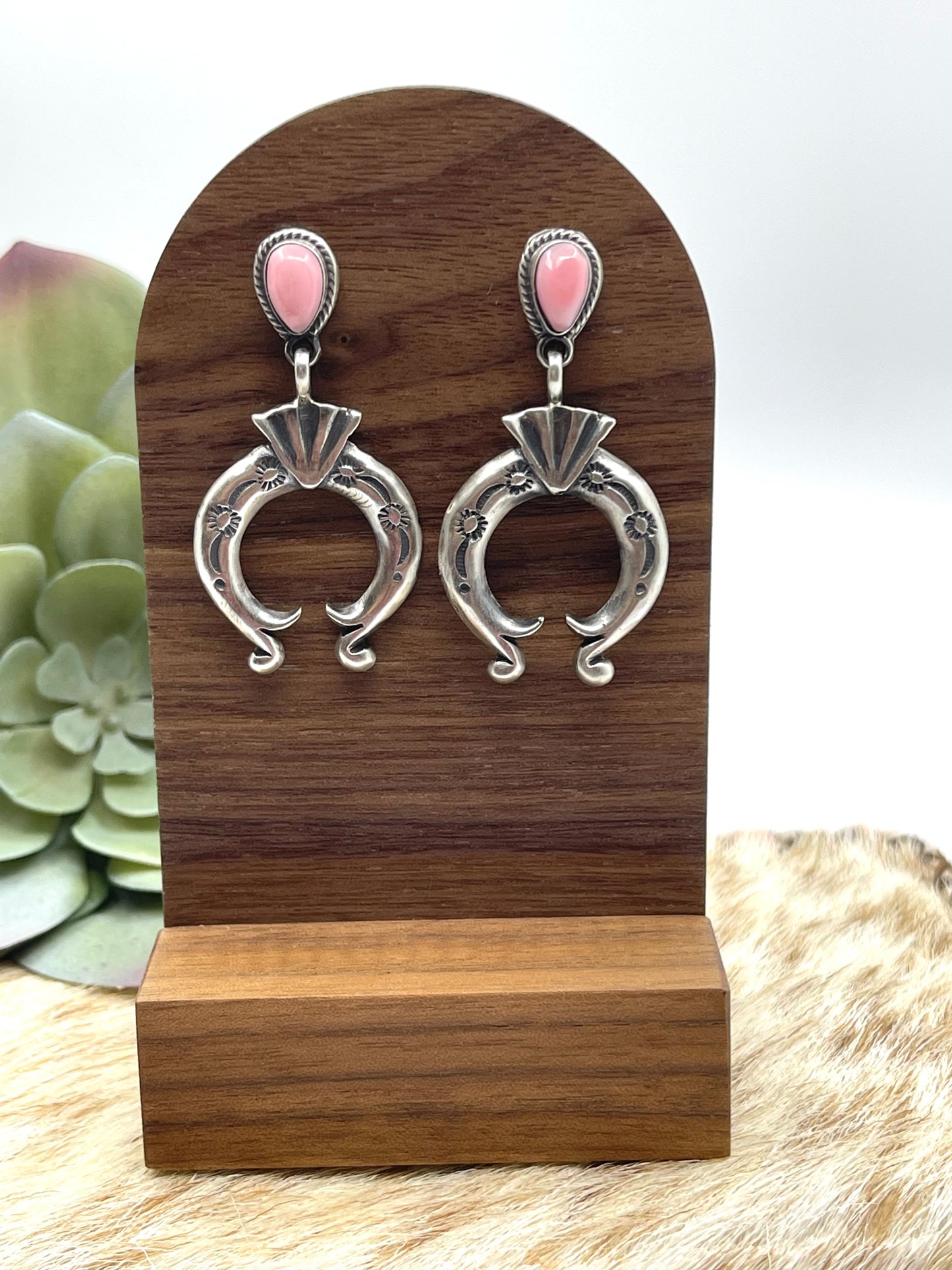 Pink Conch Shell Naja Post Dangle Earrings by Elaine Tahe, Navajo
