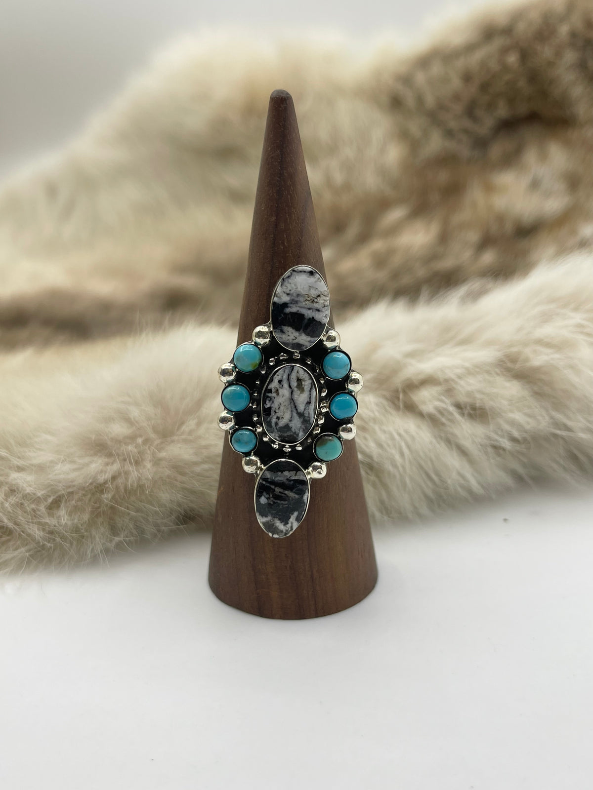 11.0 White Buffalo & Sleeping Beauty Turquoise Ring by David Lopez, Navajo