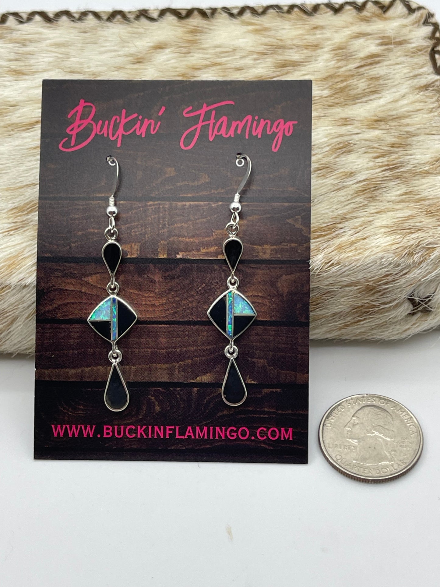 White Opal and Black Onyx Dangle Earrings by James Manygoats, Navajo