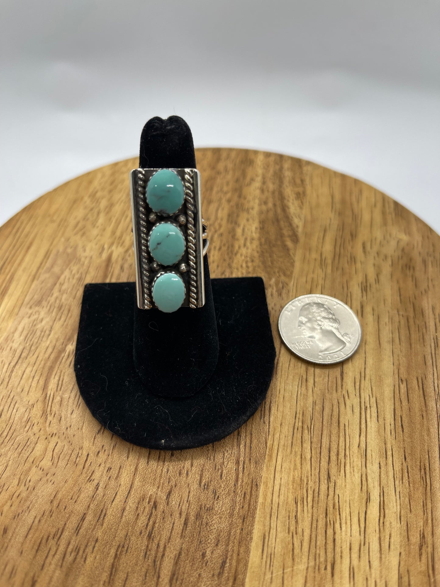 5.0 3 Stone Turquoise Bar Ring by Dorothy Lee, Navajo