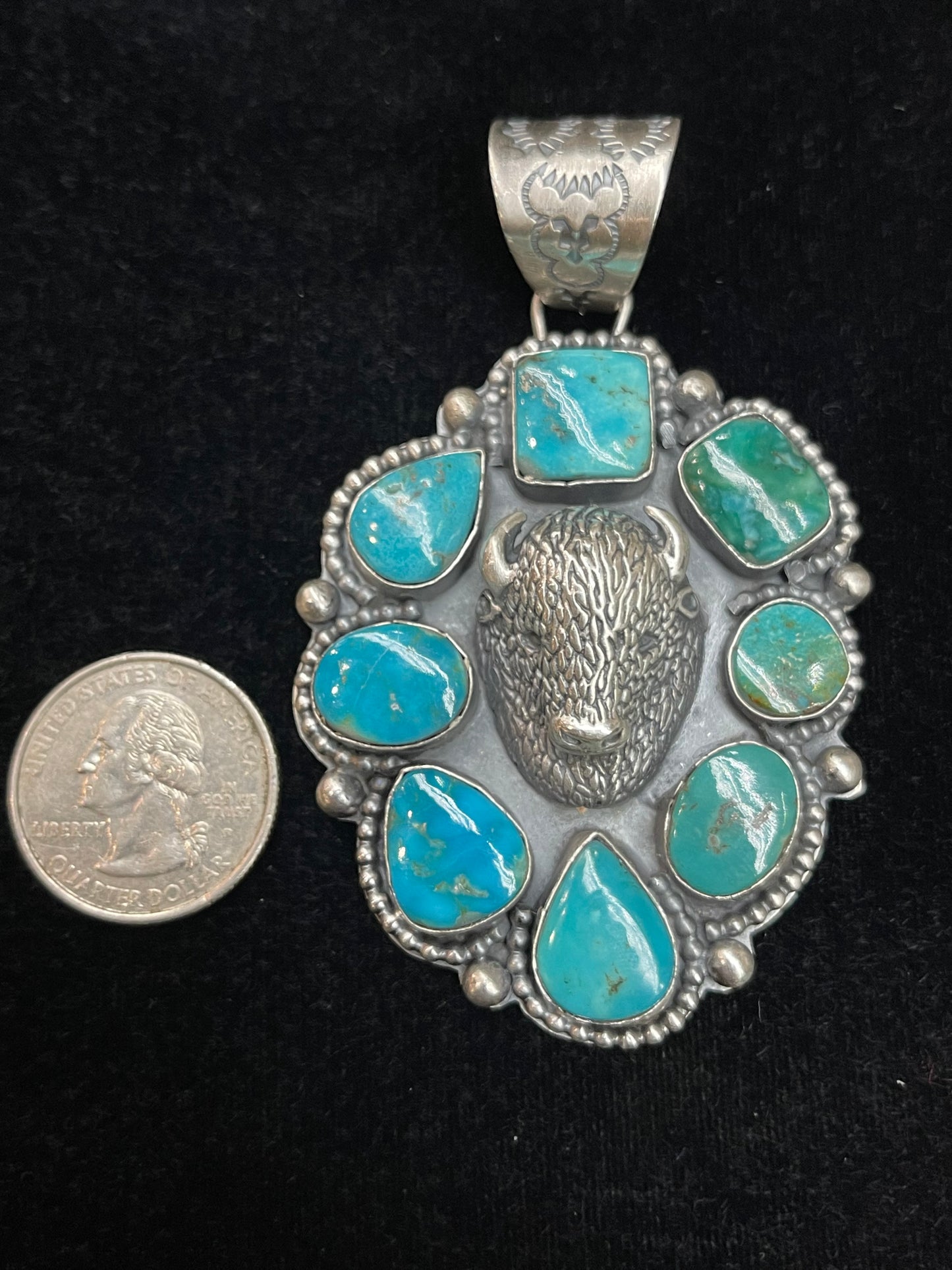 13.2mm Bale Eight Stone Turquoise Pendant with Buffalo Head by Boyd J. Ashley, Navajo