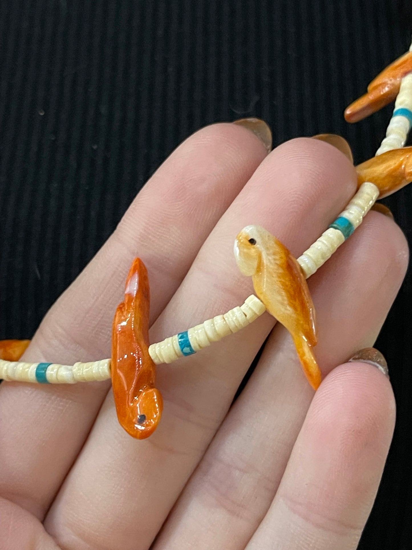 28" Orange Spiny, Melon Shell, and Turquoise Fetish Necklace by Neil Thomas, Santo Domingo
