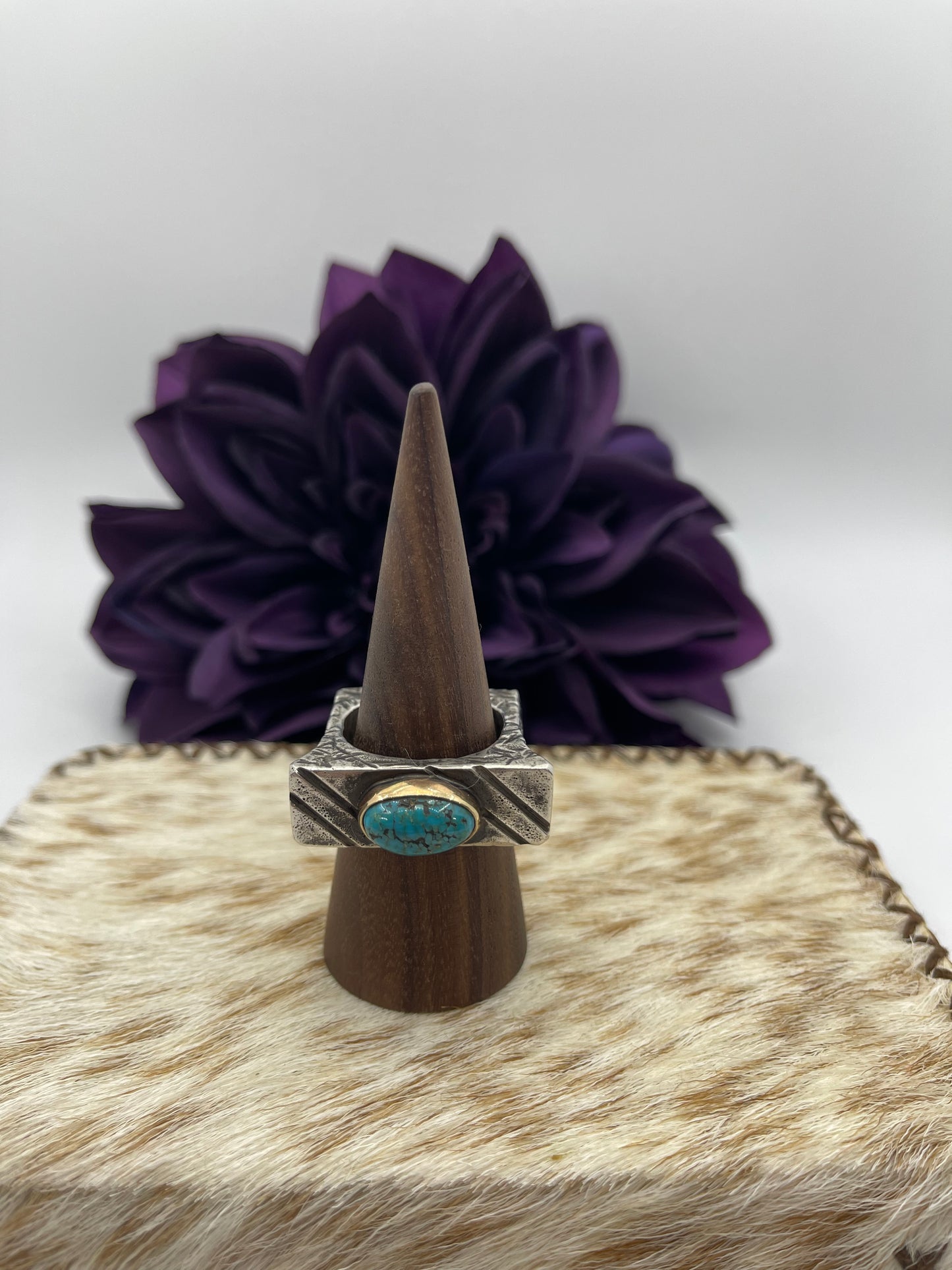 11.0 4.5 Carat Lone Mountain Turquoise Ring with 14K Gold Bezel by Bad Bronc