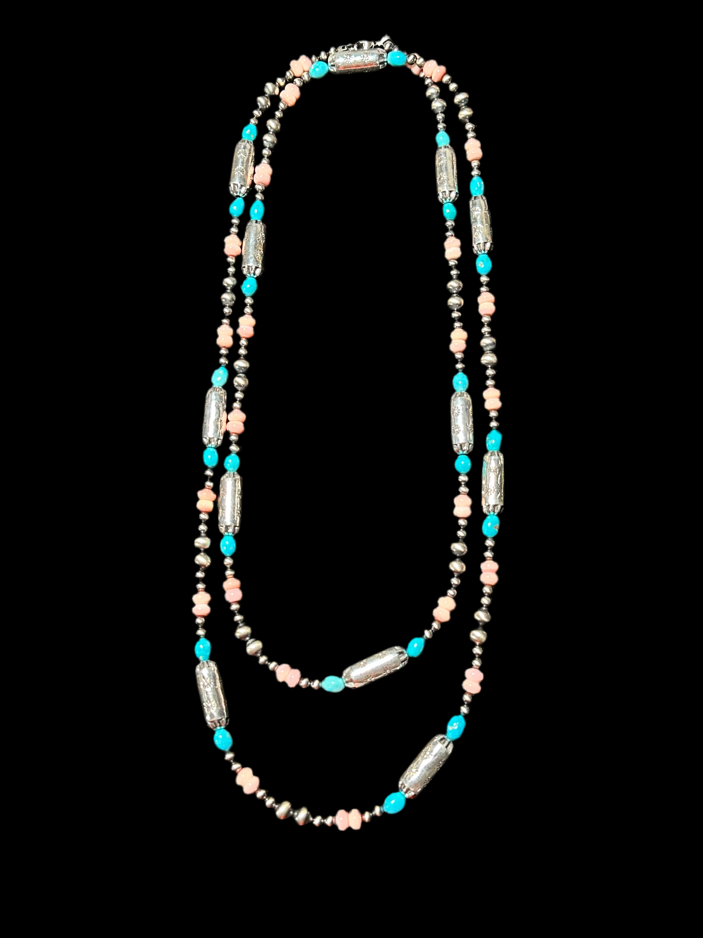 58" Pink Conch Shell and Sleeping Beauty Nugget Necklace with Navajo Style Pearls