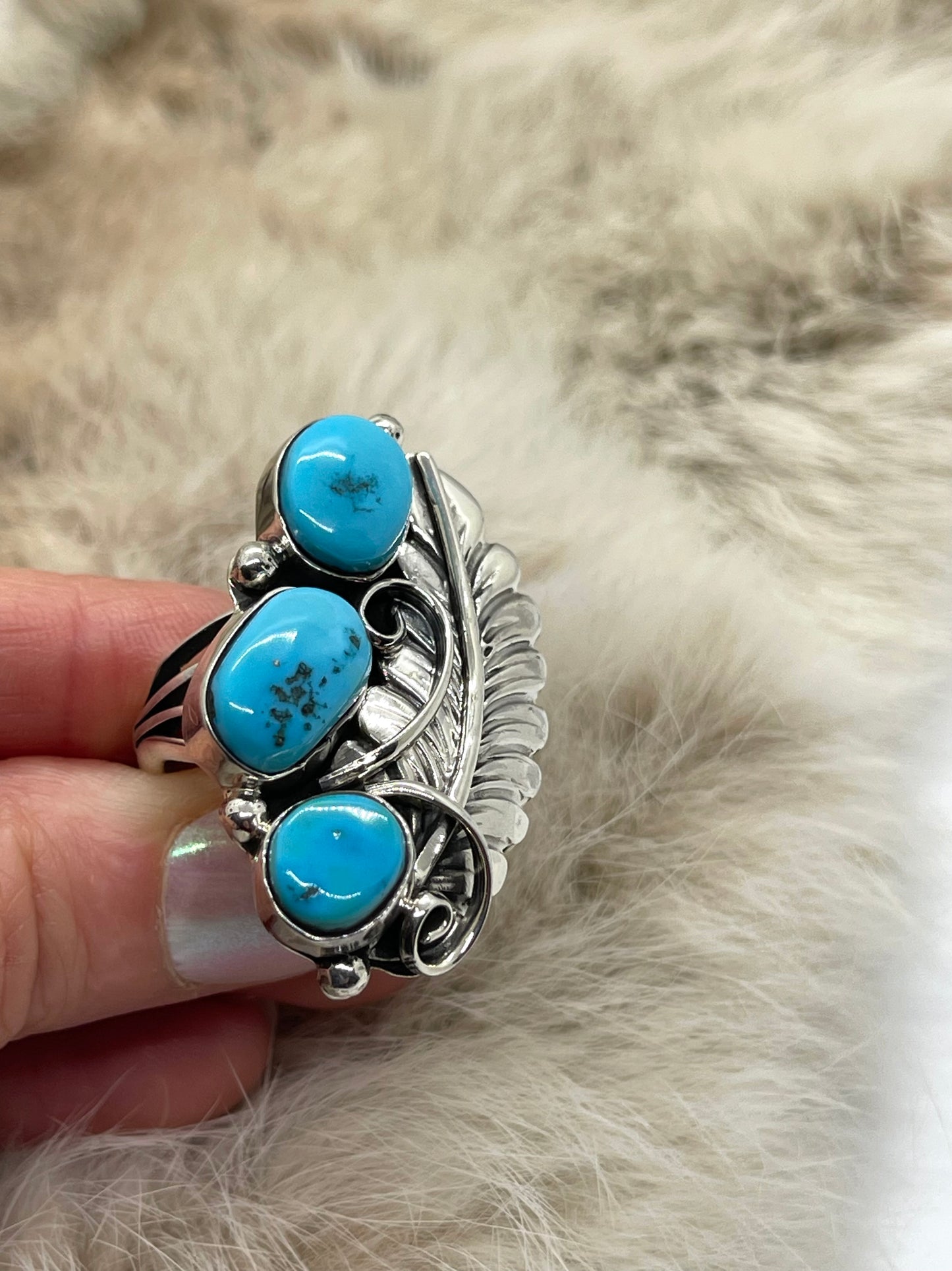 6.0 3 Stone Turquoise Feather Ring by Bernita Begay, Navajo