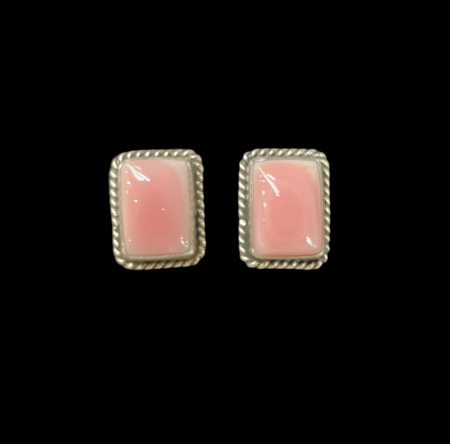 Pink Conch Shell Rectangle Post Earrings by Judith Dixon, Navajo