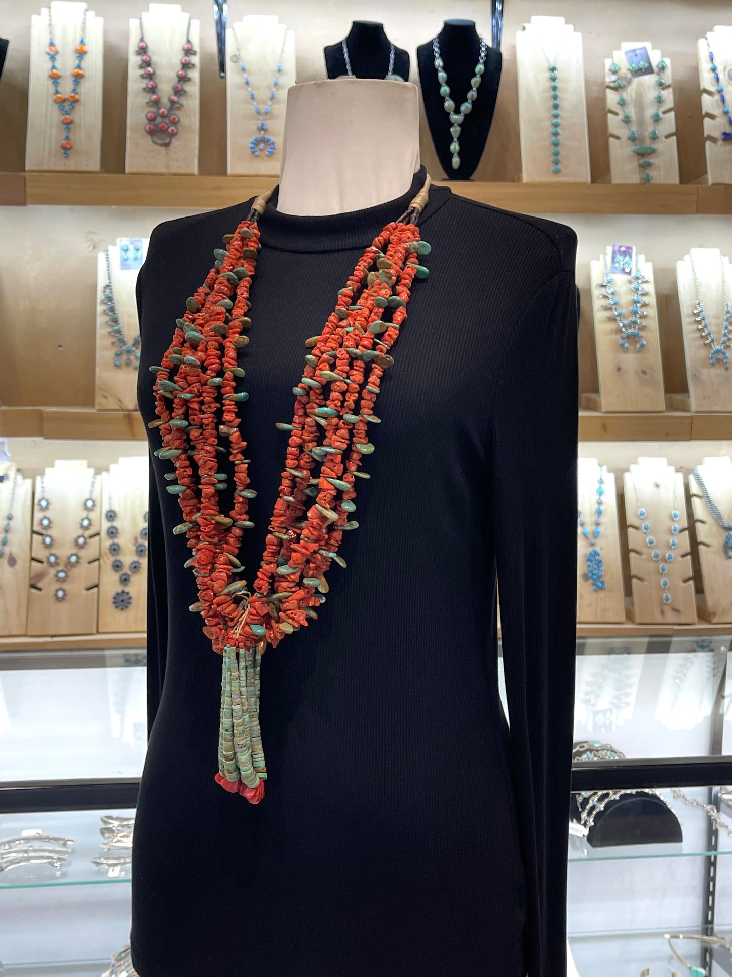 36" 5 Strand Natural Red Coral & Royston Turquoise Necklace by Jolene Bird, Santo Domingo