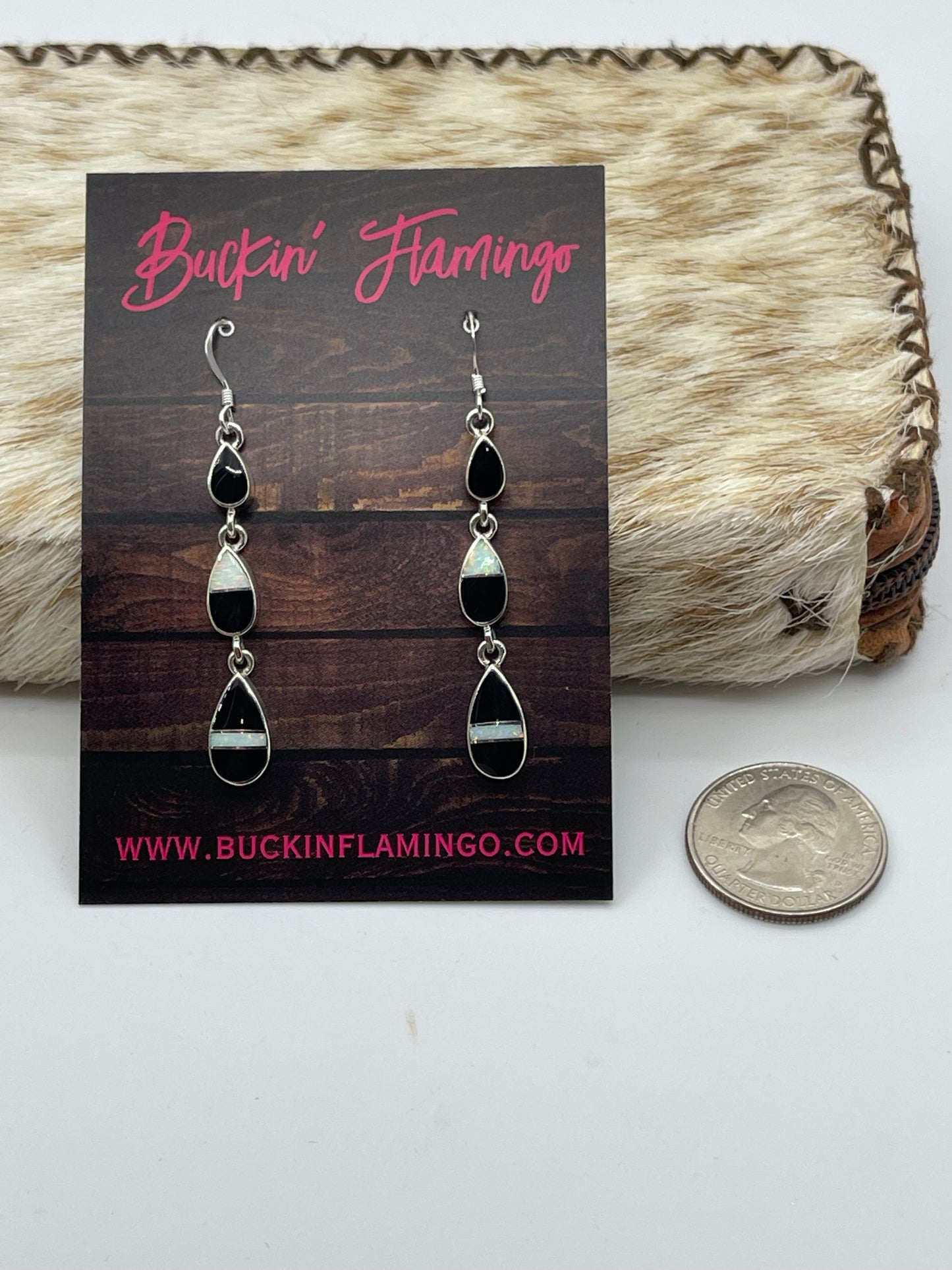 White Opal and Black Onyx Dangle Earrings by James Manygoats, Navajo
