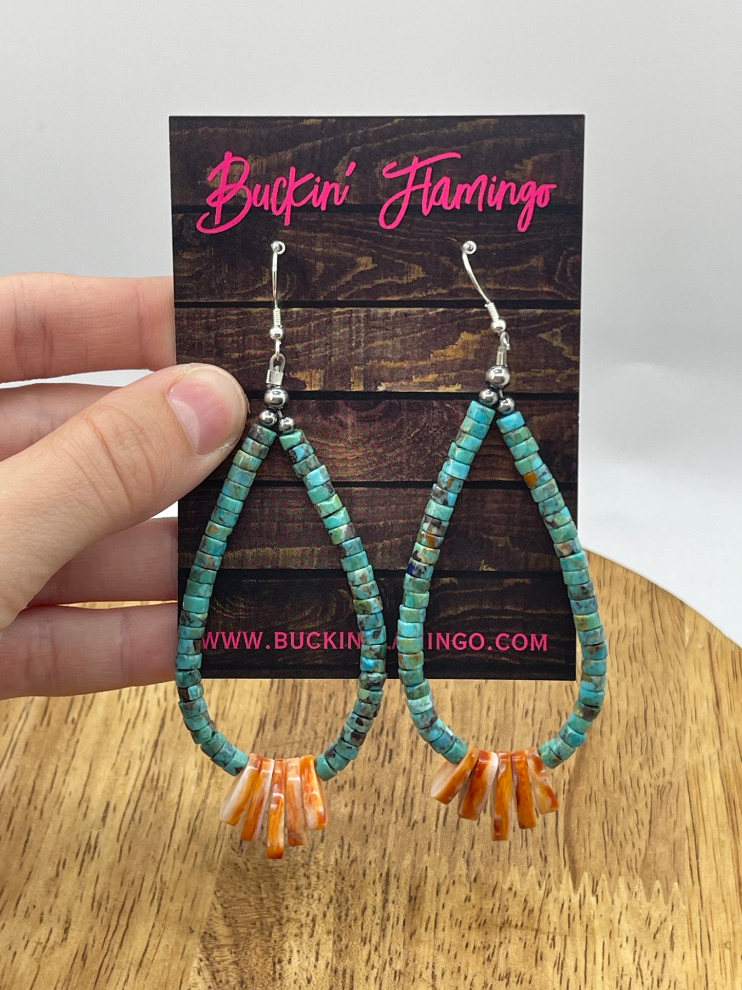 Orange Spiny and Turquoise Heishi Beaded Teardrop Dangle Earrings