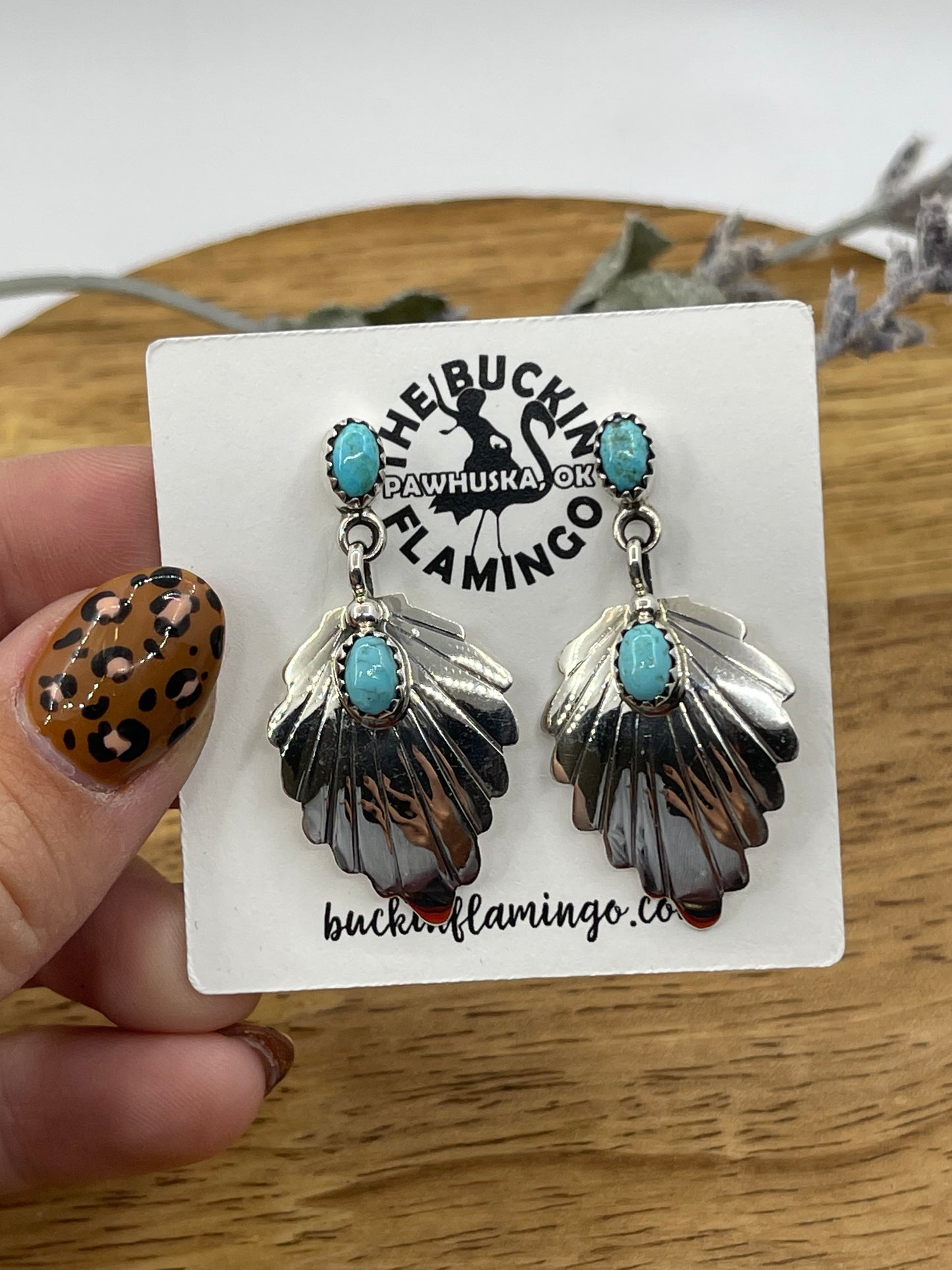 Turquoise Leaf Dangle Post Earrings by Genevieve Francisco, Navajo