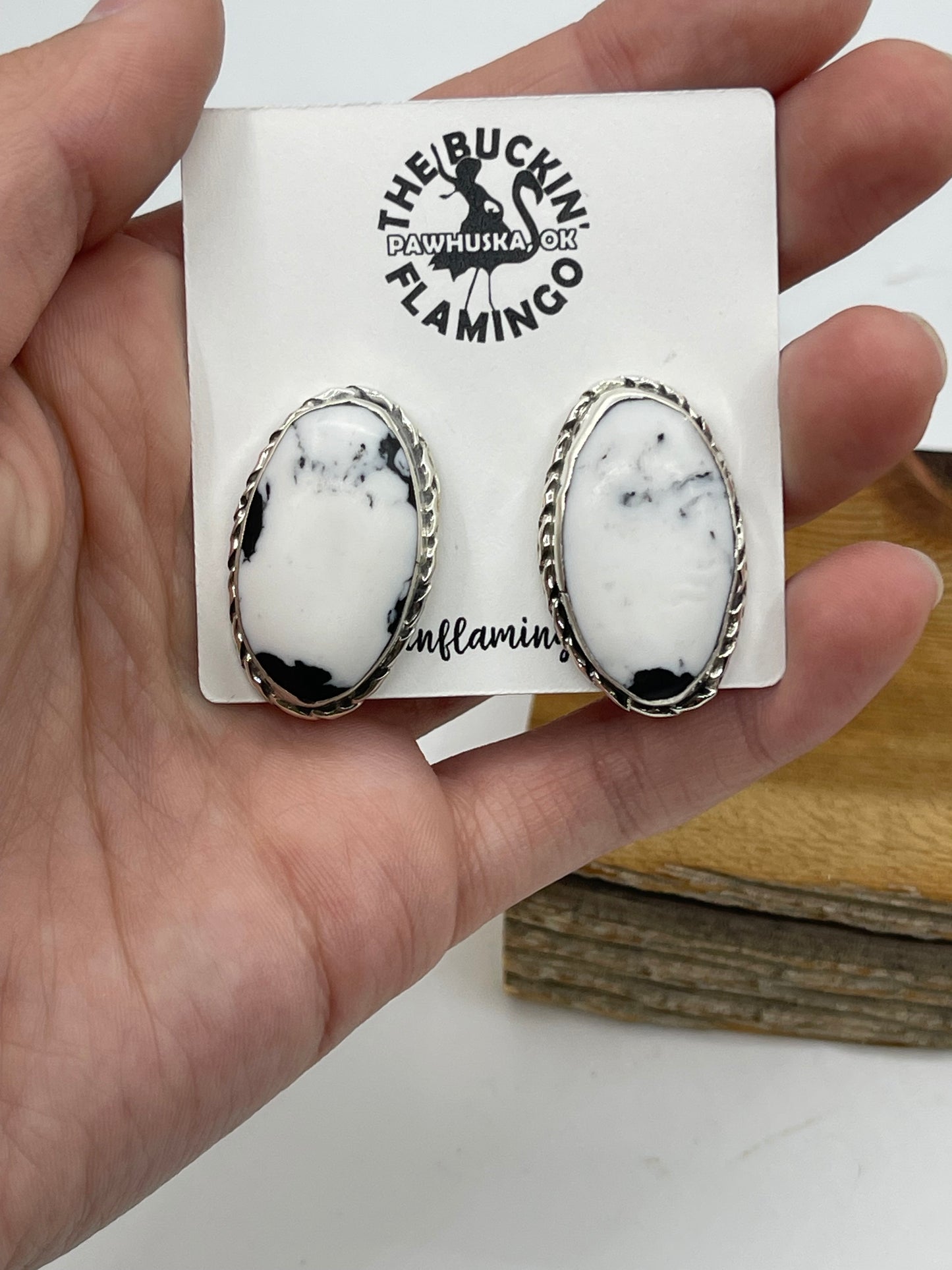 White Buffalo Oval Post Earrings by Mike Dedman, Navajo
