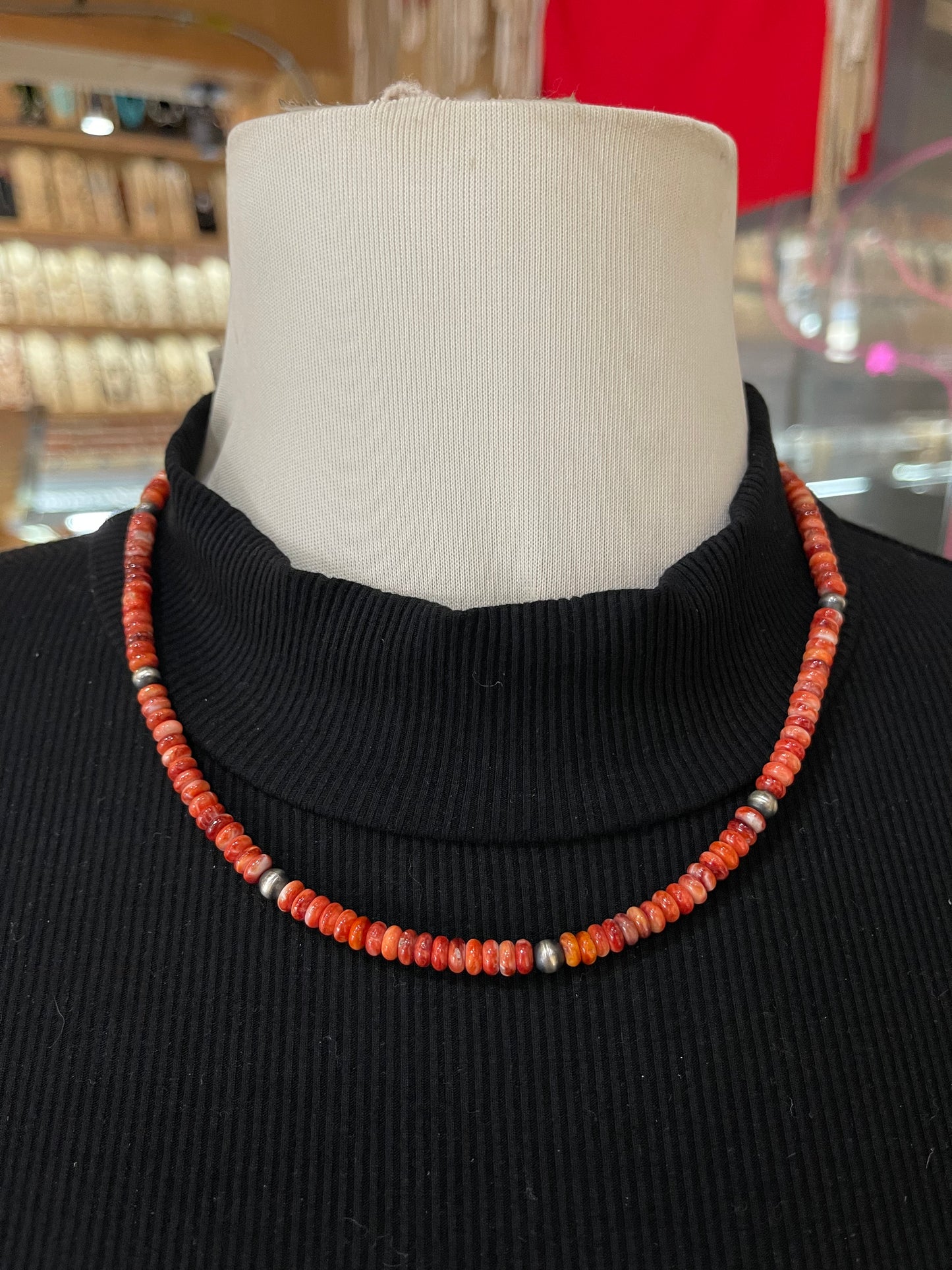 18" Red Spiny Oyster Shell and Navajo Pearls Necklace