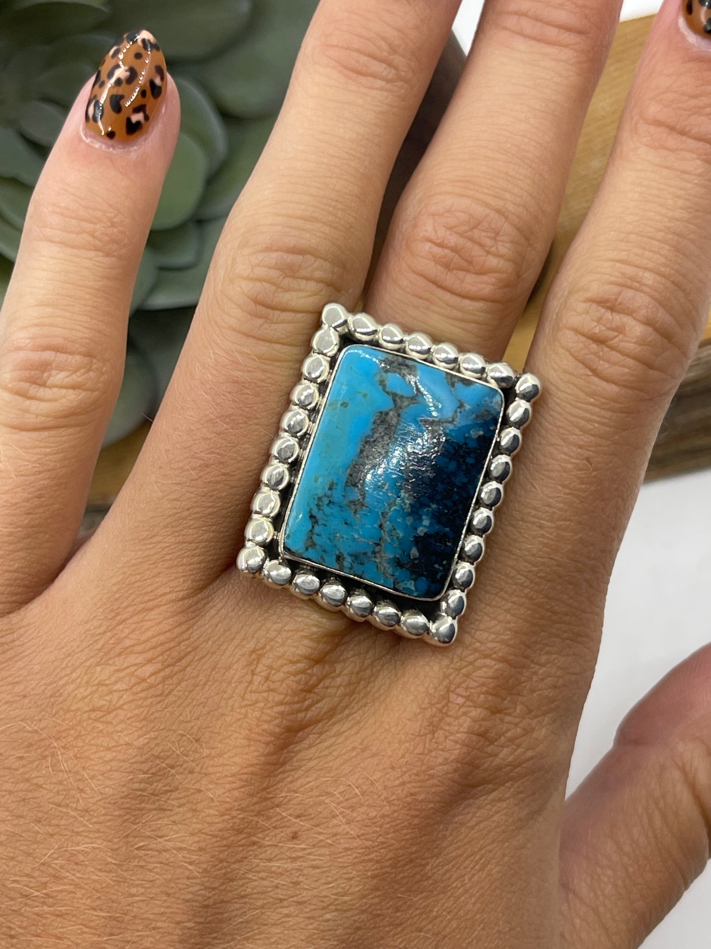 9.0 Kingman Turquoise Rectangle Ring by Gregg Yazzie, Navajo