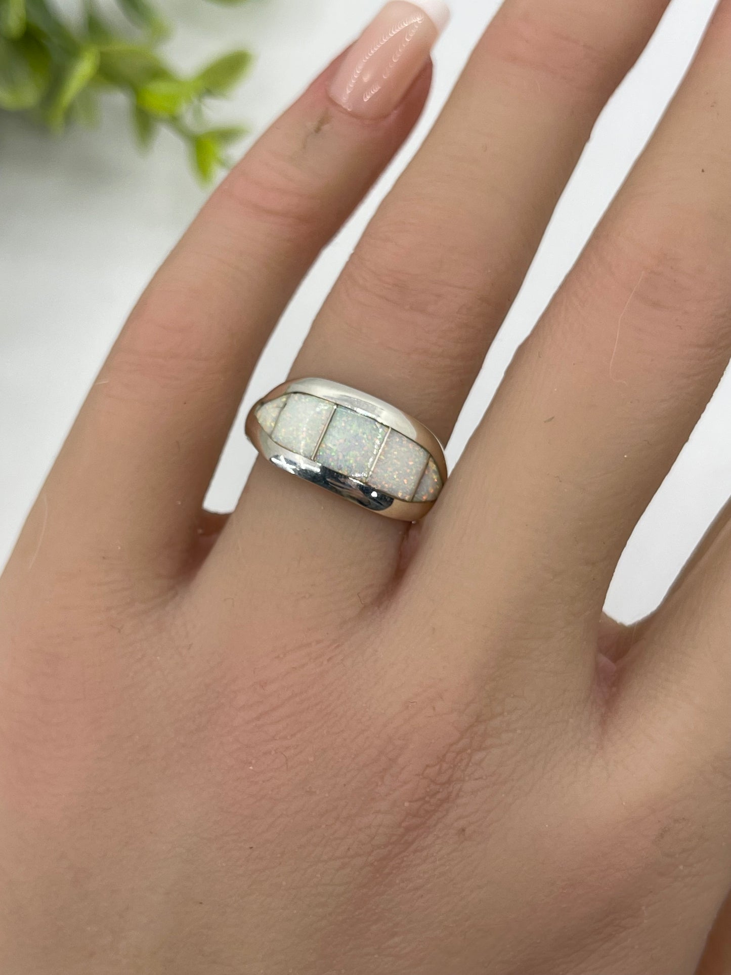 9.0 White Opal Band by Nathaniel & Cynthia Johnson, Navajo