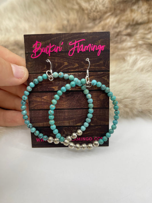 Turquoise Hoops Earrings with Silver Beads