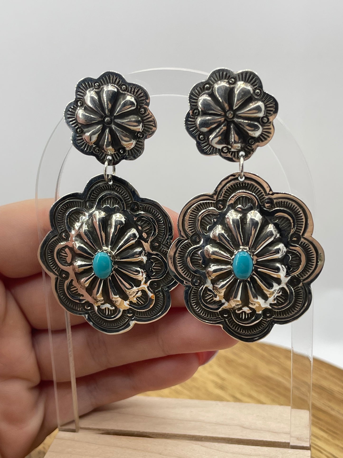 Silver Double Concho Post Dangles With Turquoise by Genevieve Blackgoat, Navajo