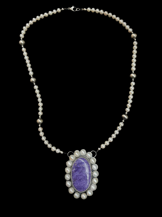 18" Charoite Cluster Necklace with Freshwater and Silver Pearls
