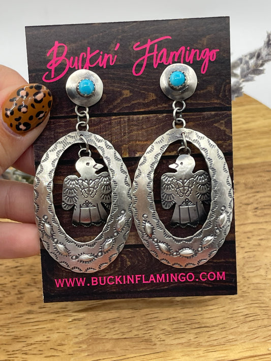 Turquoise Thunderbird Concho Post Dangle Earrings by Tim Yazzie, Navajo