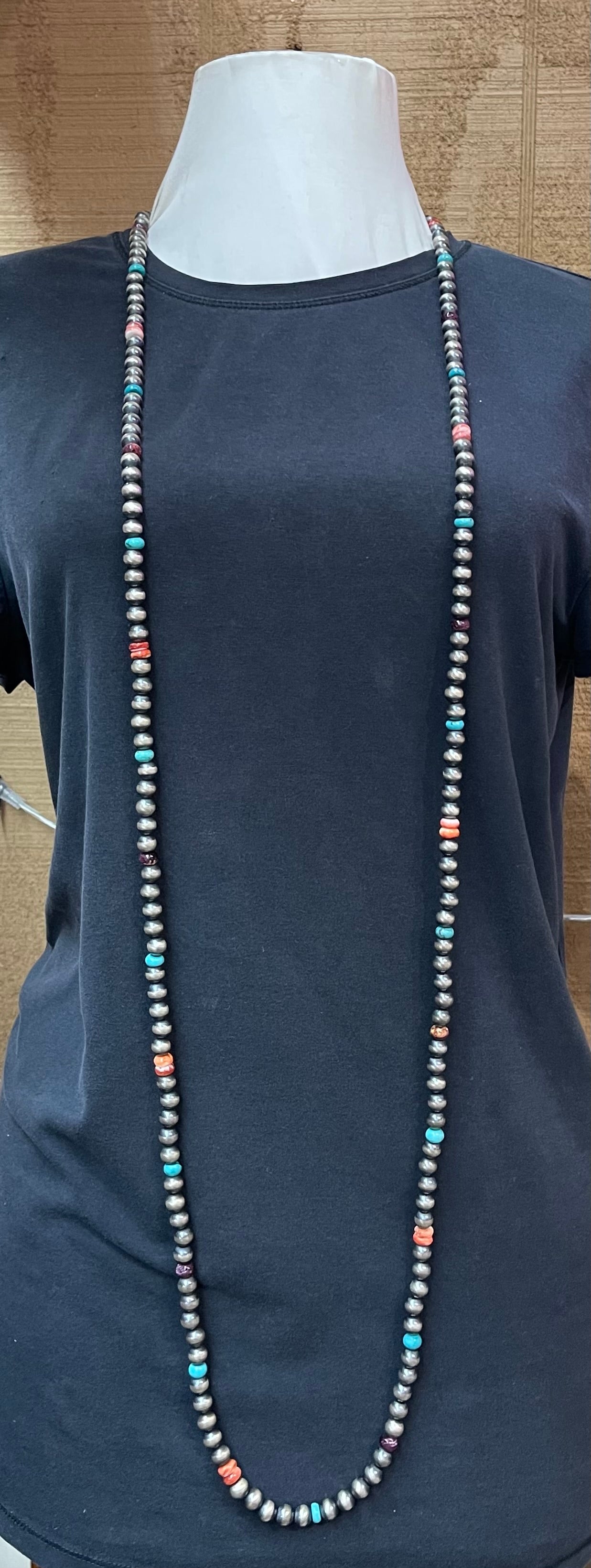 60" 8mm Navajo Pearls, Turquoise, and Spiny Oyster Shell Necklace