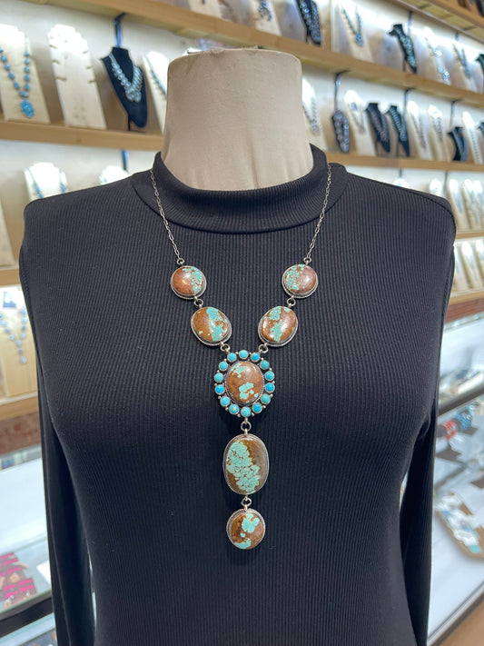 #8 Turquoise Lariat Necklace 22”+5” Drop with Sleeping Beauty Turquoise Cluster by Dean Brown, Navajo