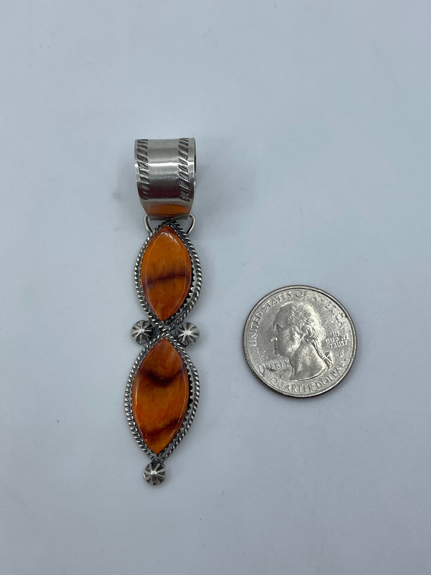 Orange Spiny Oyster 2 Stone Pendant by Selina Warner, Navajo