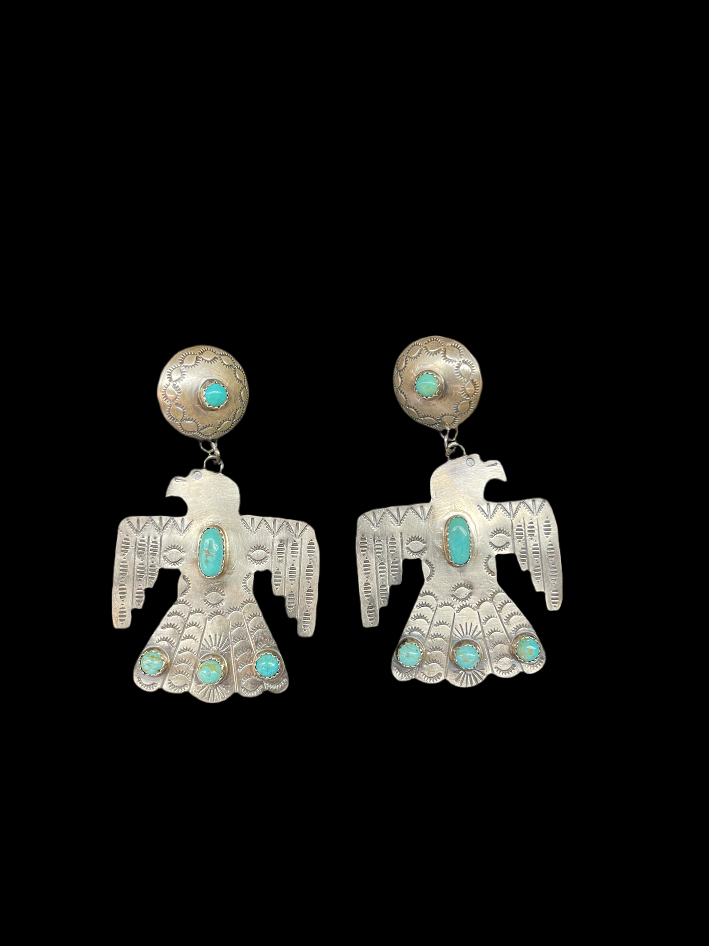 Concho Thunderbird Dangle Earrings by LJC, Navajo