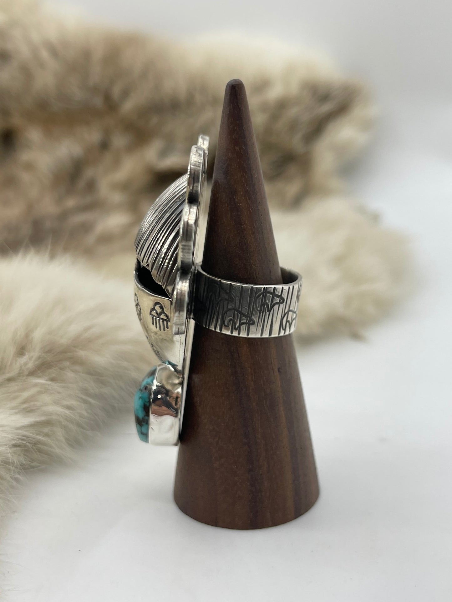 8.0 High Grade Kingman Turquoise Maiden Face Ring by Alex Sanchez, Navajo