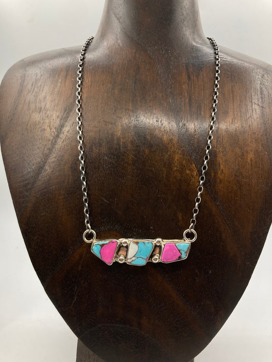16” 3 Stone Cotton Candy Necklace by Jude Candelaria, Zuni