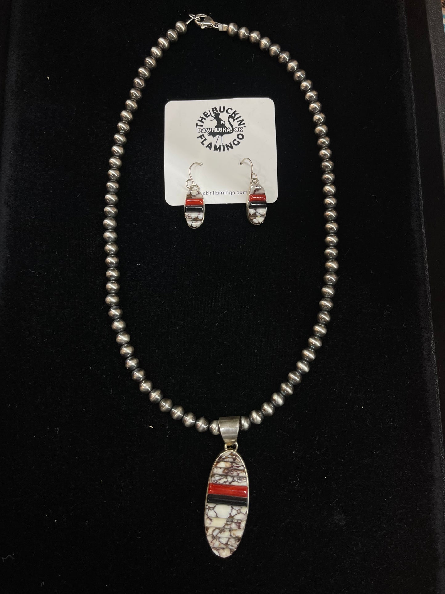 Wild Horse & Onyx & Coral Cobblestone Inay 3-piece set by Thomas Francusco, Navajo