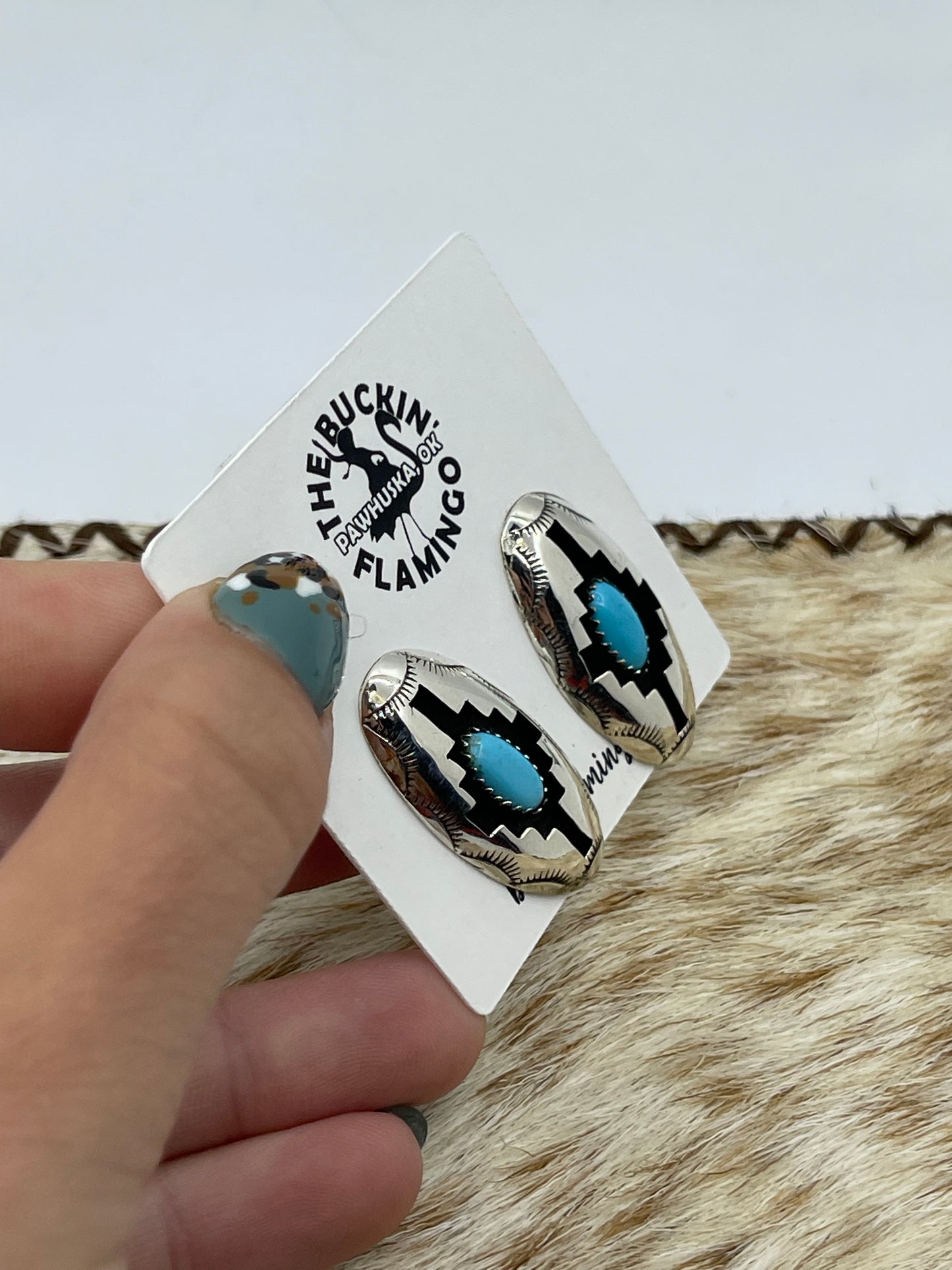 Oval Turquoise Shadowbox Post Earrings by Felix Perry, Navajo