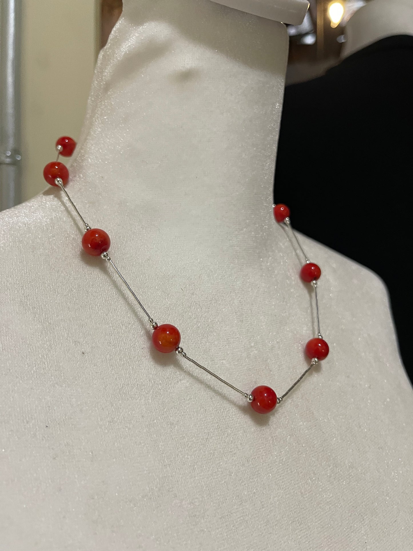 18" 10mm Apple Coral Beaded Necklace on Liquid Silver, Navajo