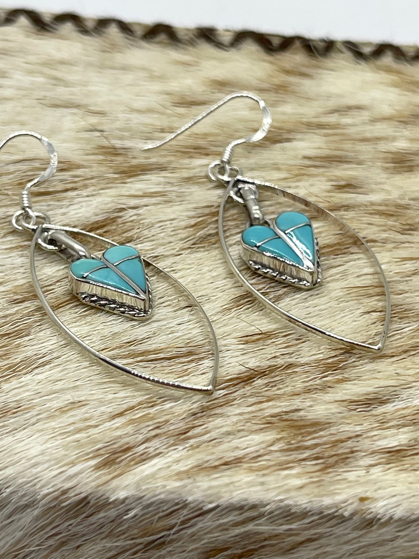 Heart Turquoise Inlay Dangle Earrings by Velda Nastacio, Zuni