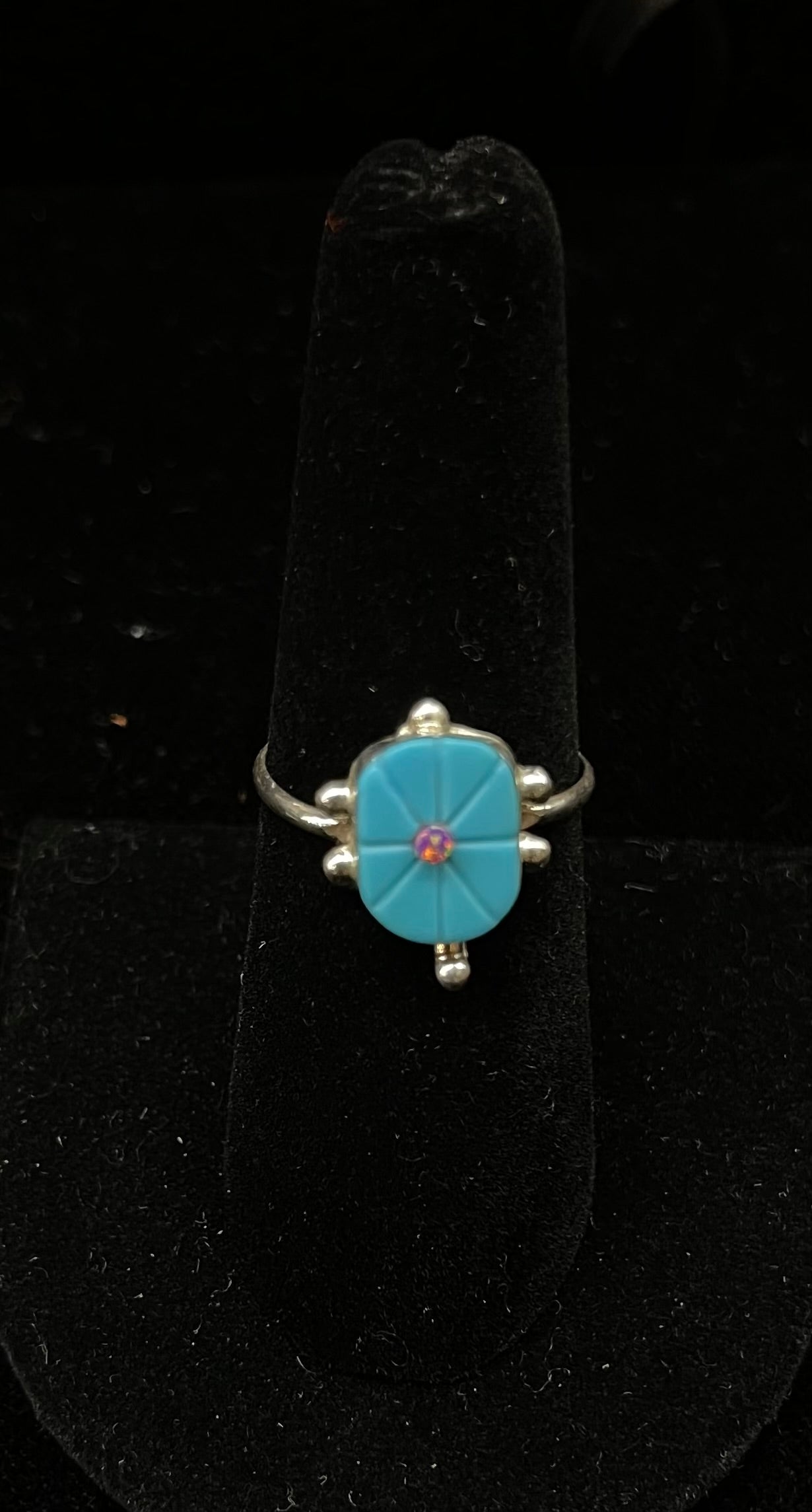 6.0 Turquoise and Opal Turtle Ring by Alvina Lamey, Zuni