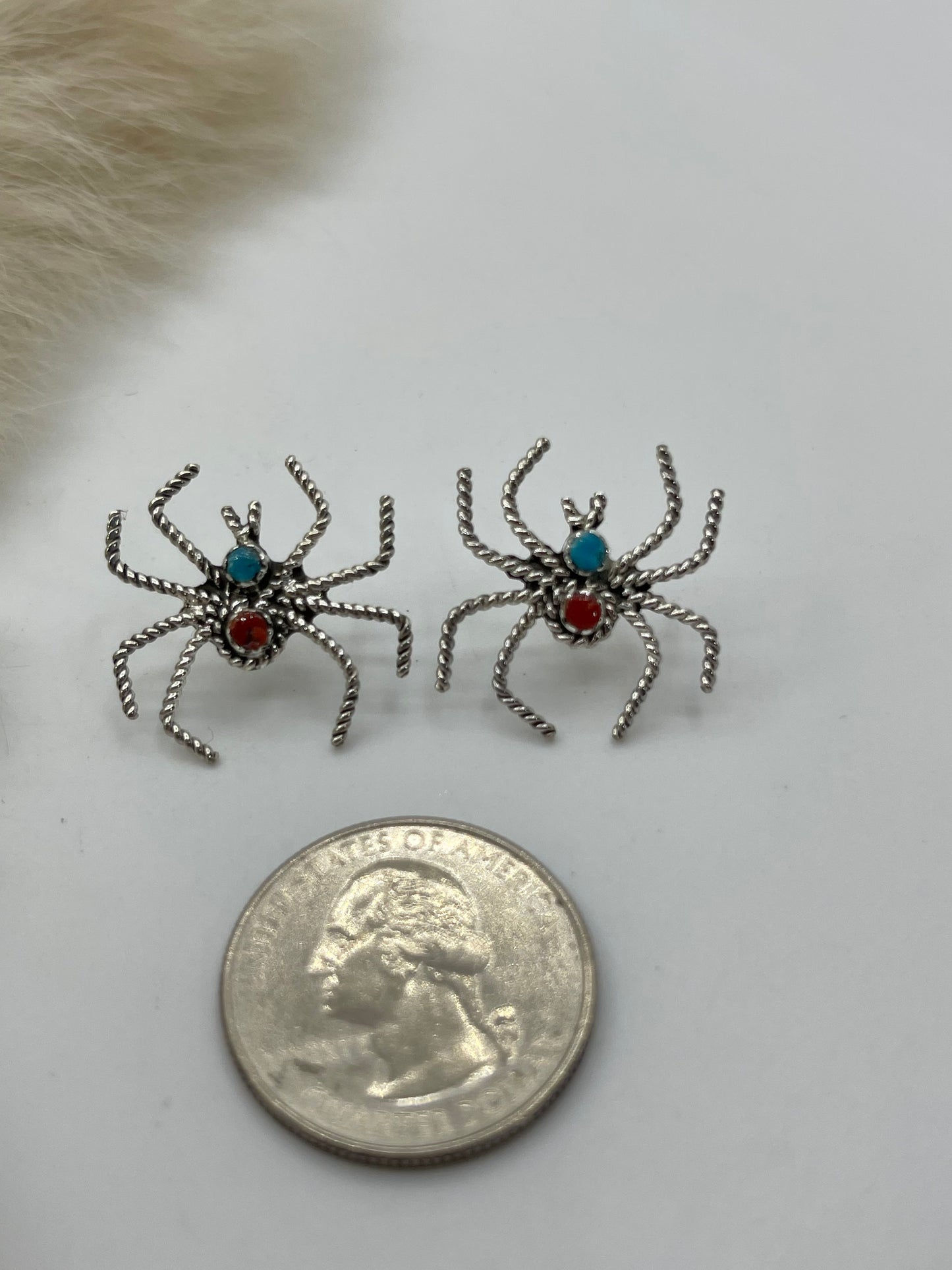 Red Coral & Turquoise Spider Post Earrings by Gilbert Weebothee, Zuni