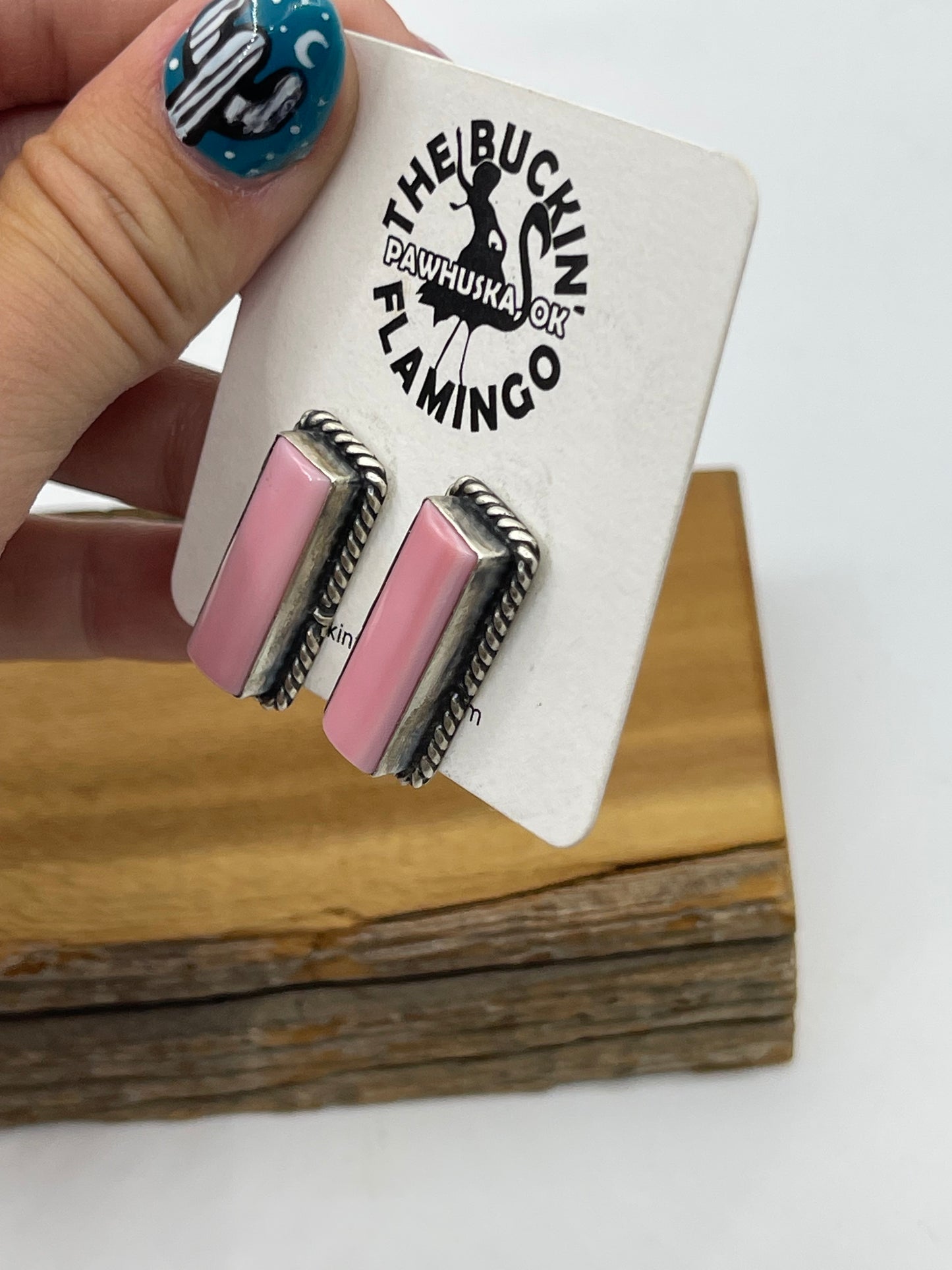 Rectangle Pink Conch Shell Post Earrings by Judith Dixon, Navajo