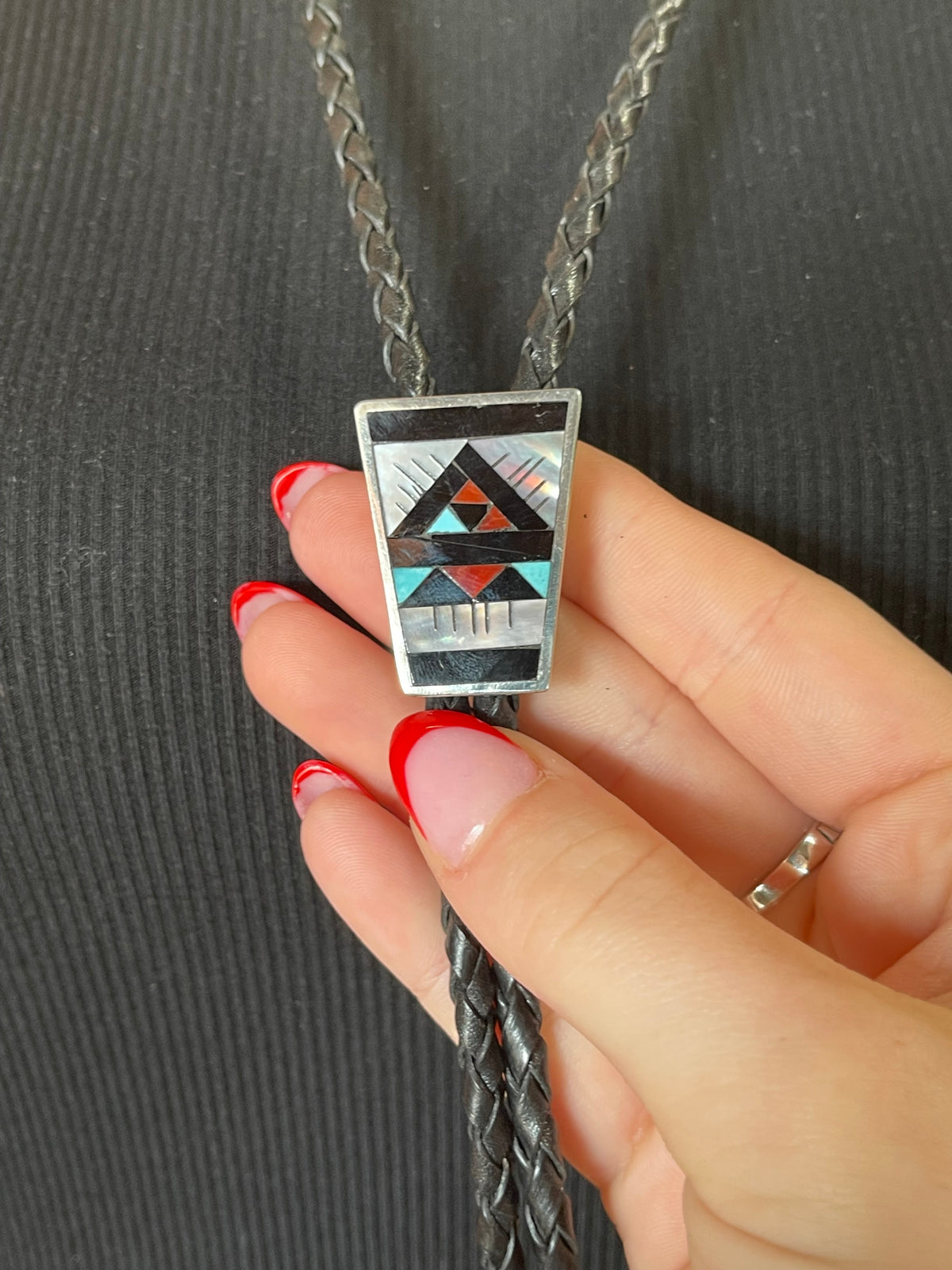 Mop, Coral, Turquoise and Onyx Bolo Tie