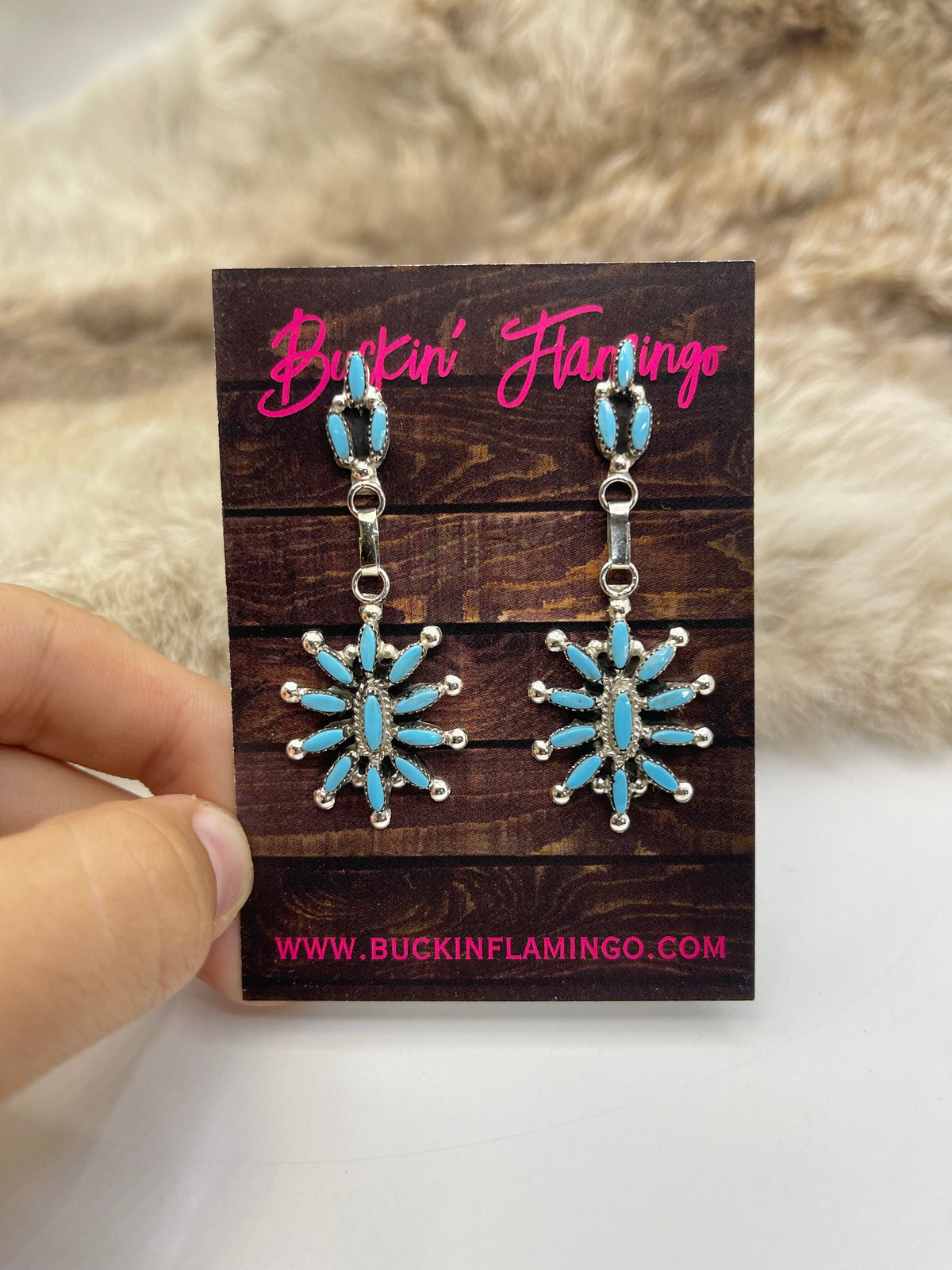 Turquoise Needlepoint Star Post Dangle Earrings by Evonne Hustito, Zuni
