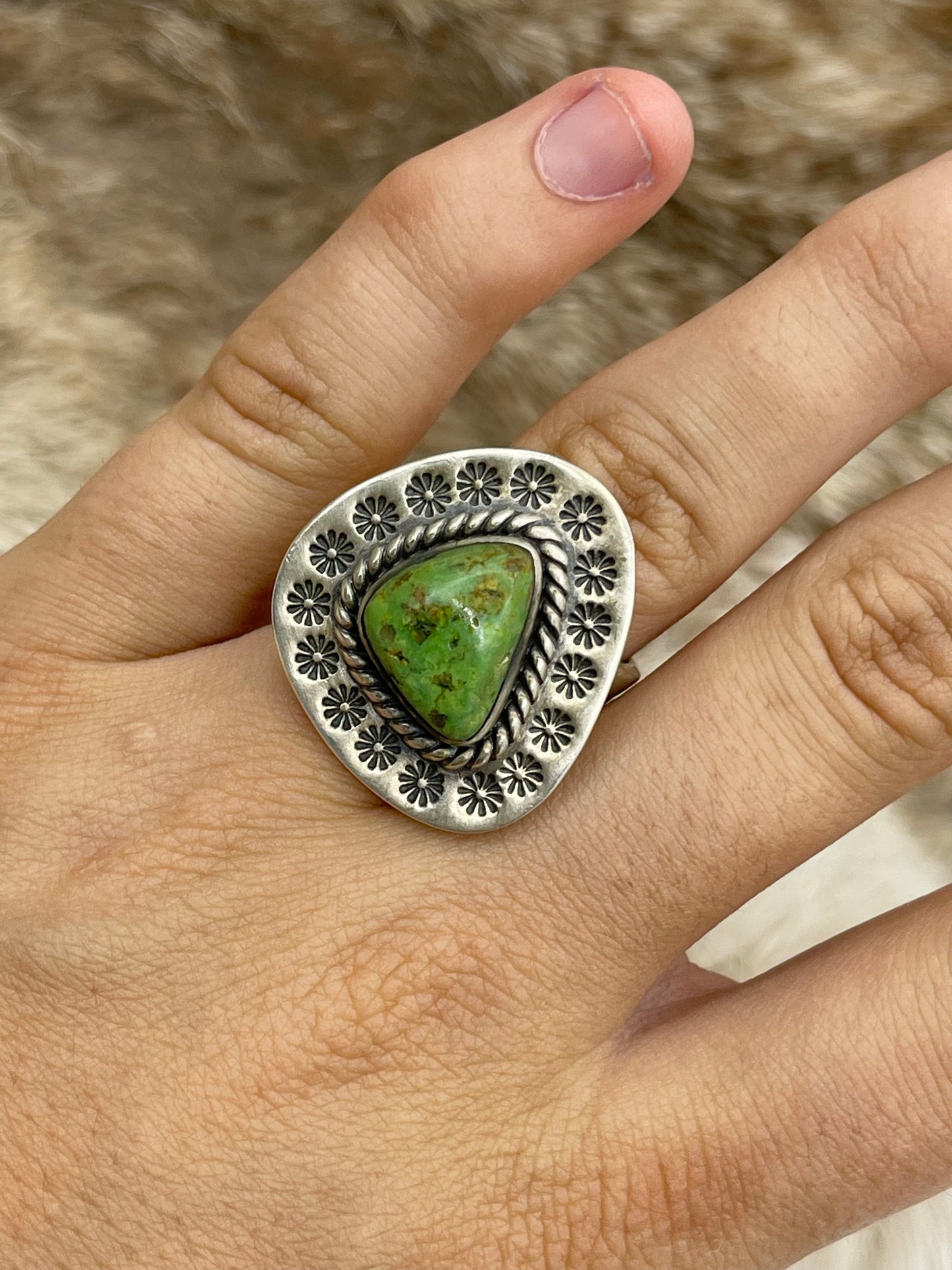 Adjustable 8.0-10.0 Green Turquoise Ring with Stamped Border Heavy Silver