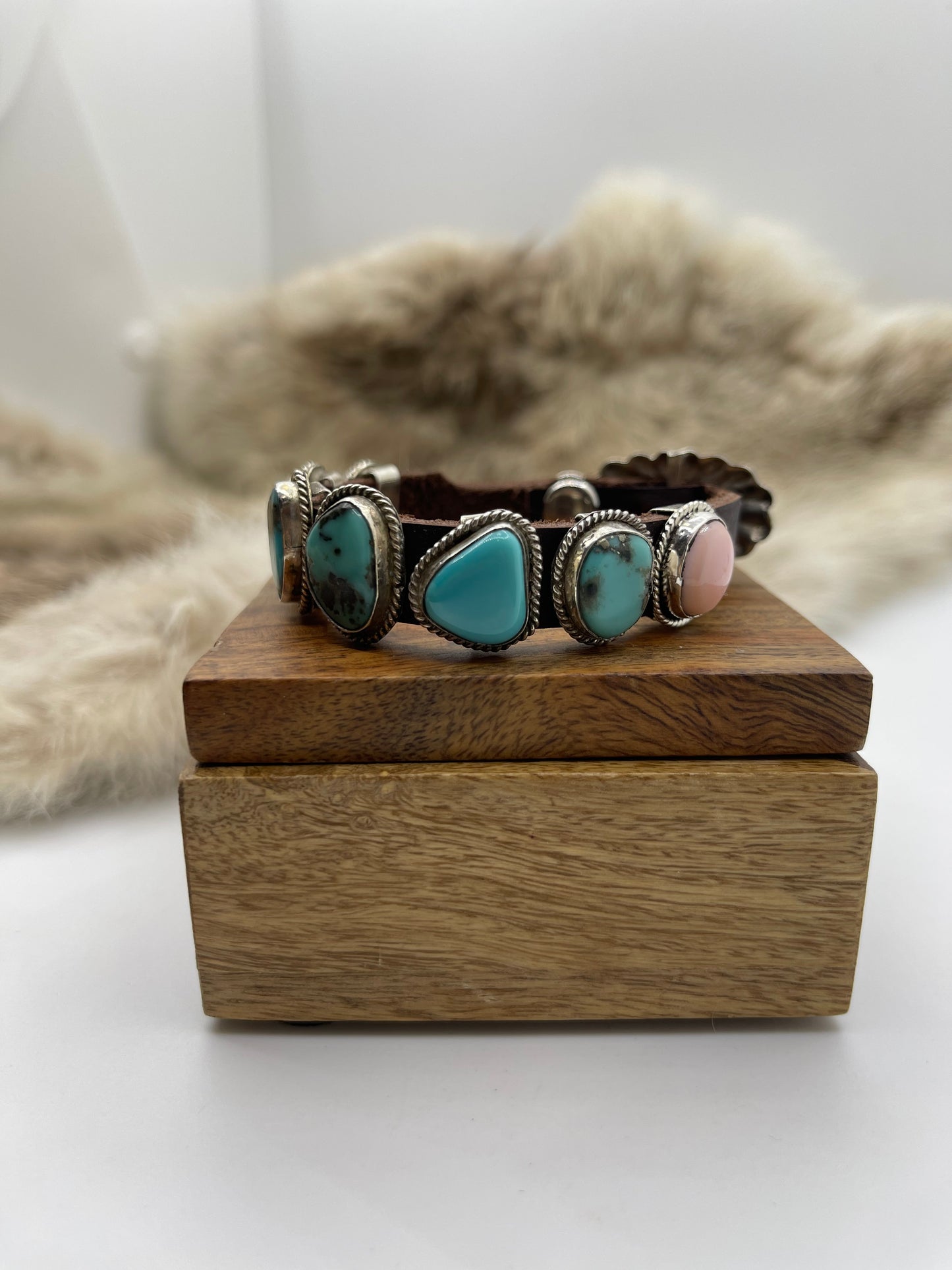 Kingman Turquoise and Pink Conch Shell on Leather by Daniel Morgan, Navajo