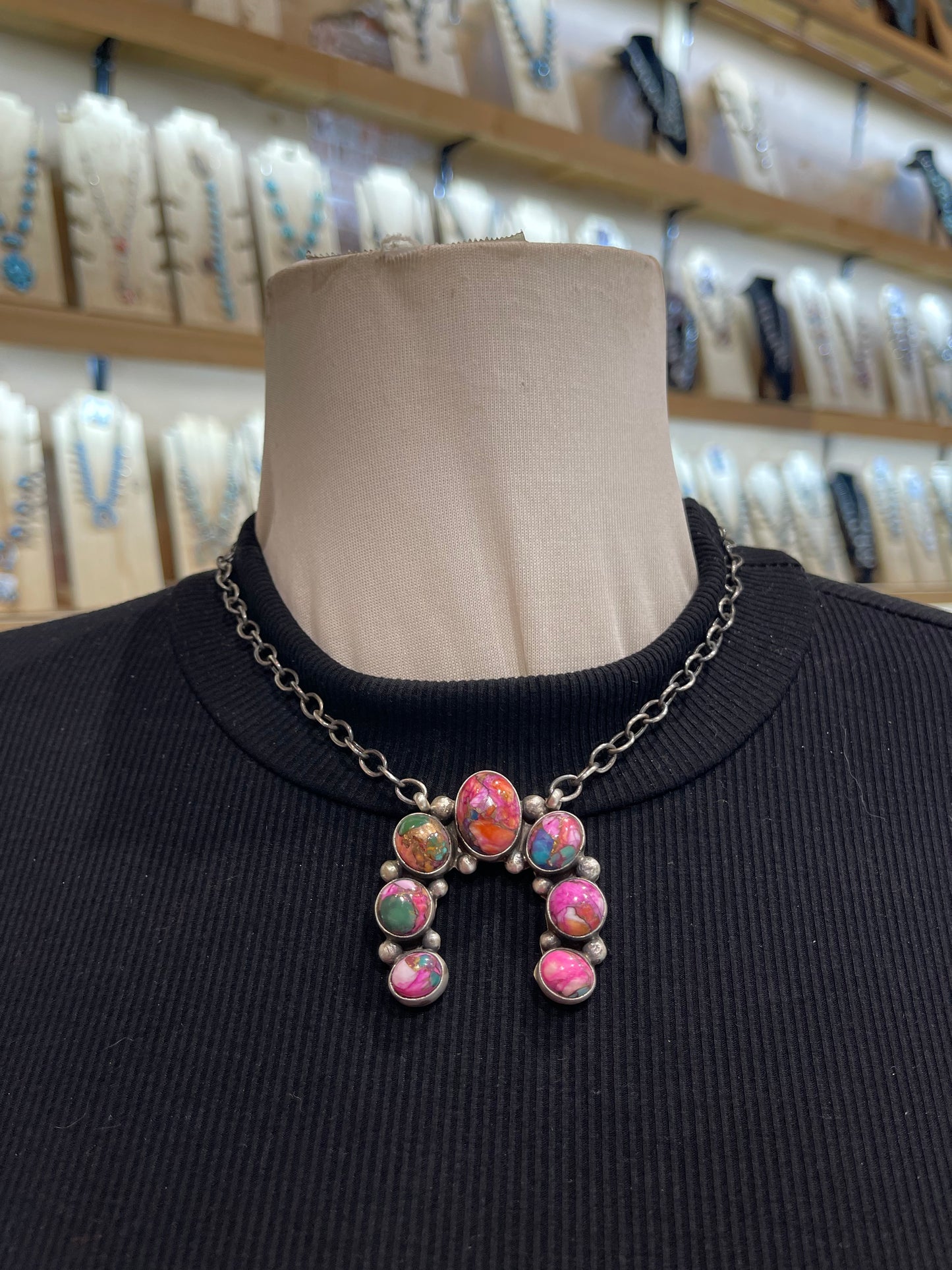 16" Pink Dahlia Naja Necklace by Augustine Largo, Navajo