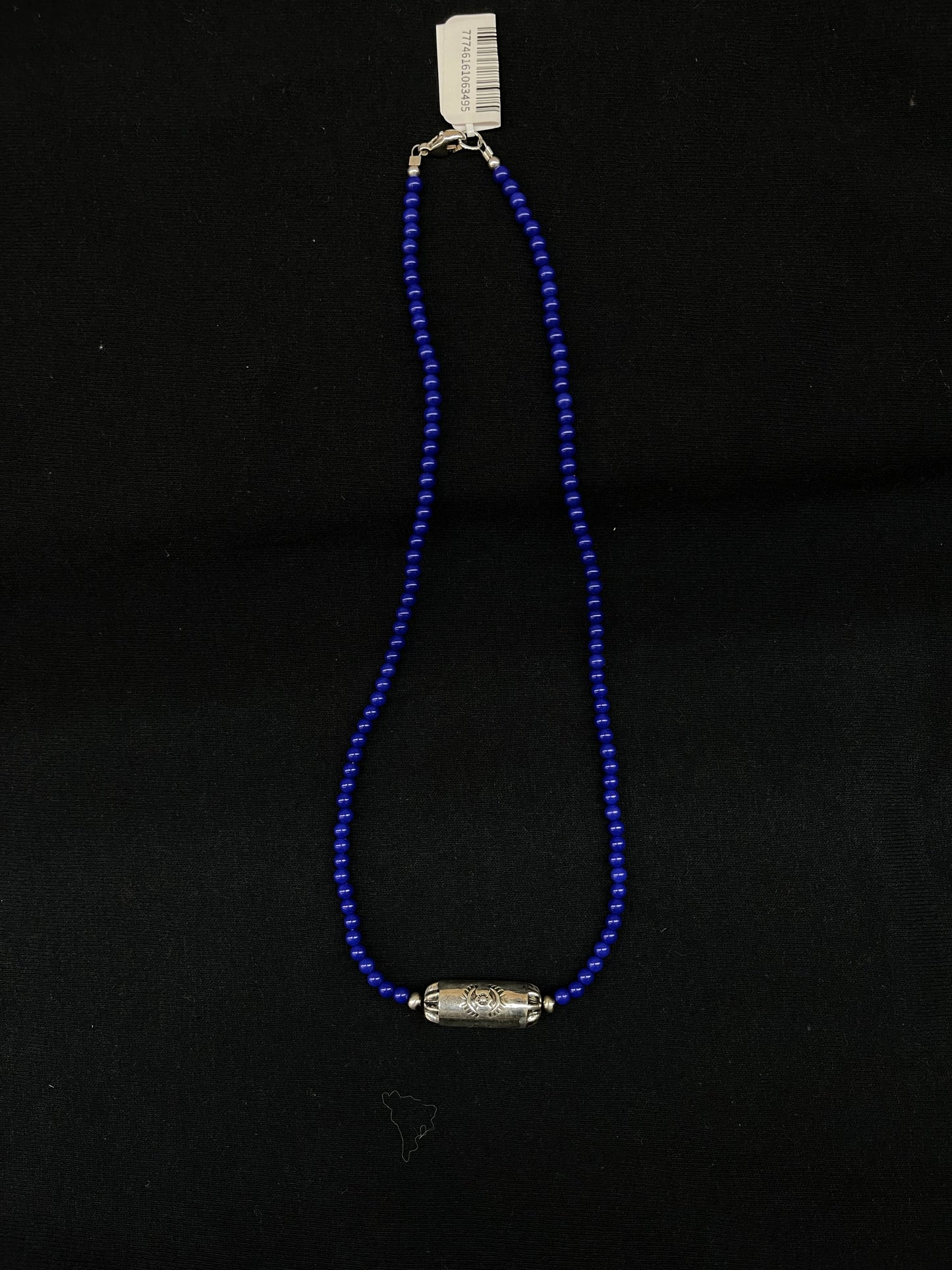 18" 4mm Lapis with Silver Stamped Barrel Necklace
