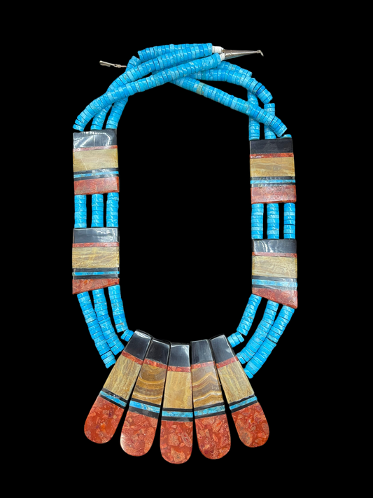 2-Sided 3 Strand Multi-Stone Inlay Necklace, Santo Domingo Made