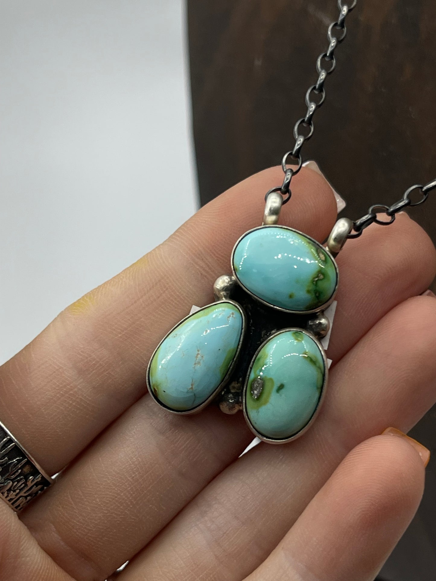 LOT 21 1/18 3 stone Sonoran Gold Turquoise Cluster Necklace by Donovan Skeets, Navajo