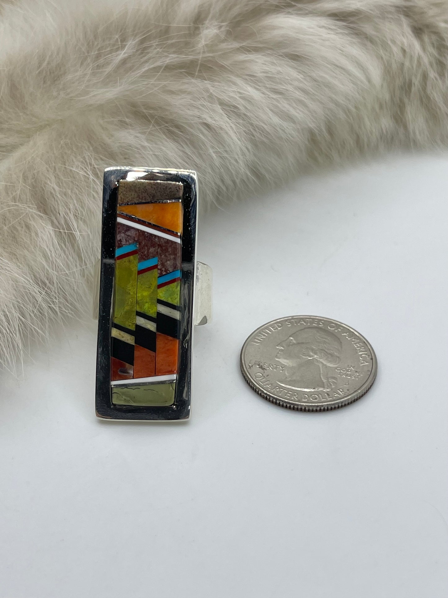 9.0 Rectangle Amazing Inlay Ring by Marie Jackson, Navajo