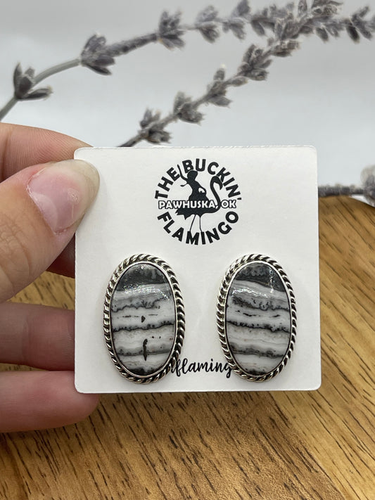 Dendrite Opal Agate Oval Post Earrings, Navajo