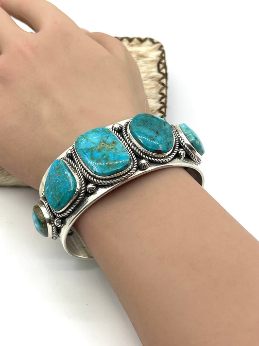 7" 5 Stone Blue Kingman Turquoise Cuff by D. Delgarito, Navajo