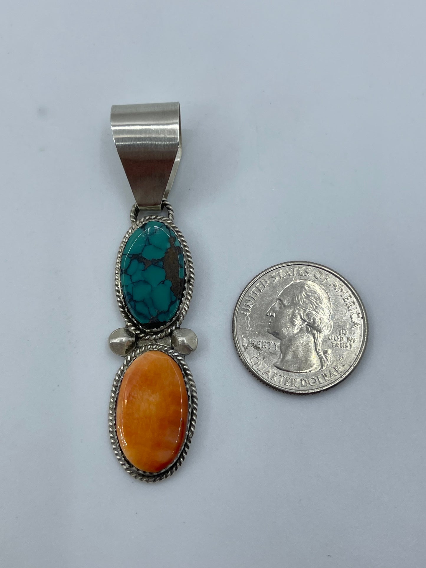 Orange Spiny Oyster & Turquoise 2 Stone Pendant by Selina Warner, Navajo